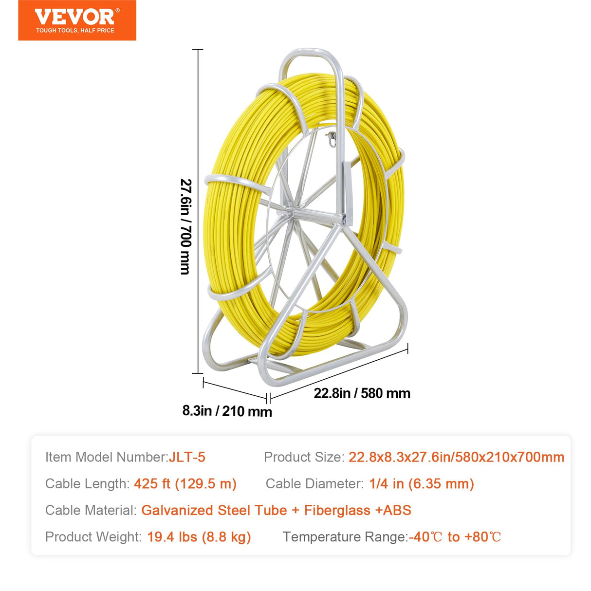 VEVOR Rodder - Cable de fibra de vidrio (130 m, 4,5 T, 6 mm, radio de curvatura, fibra de vidrio, con jaula y soporte, 150 g/m)
