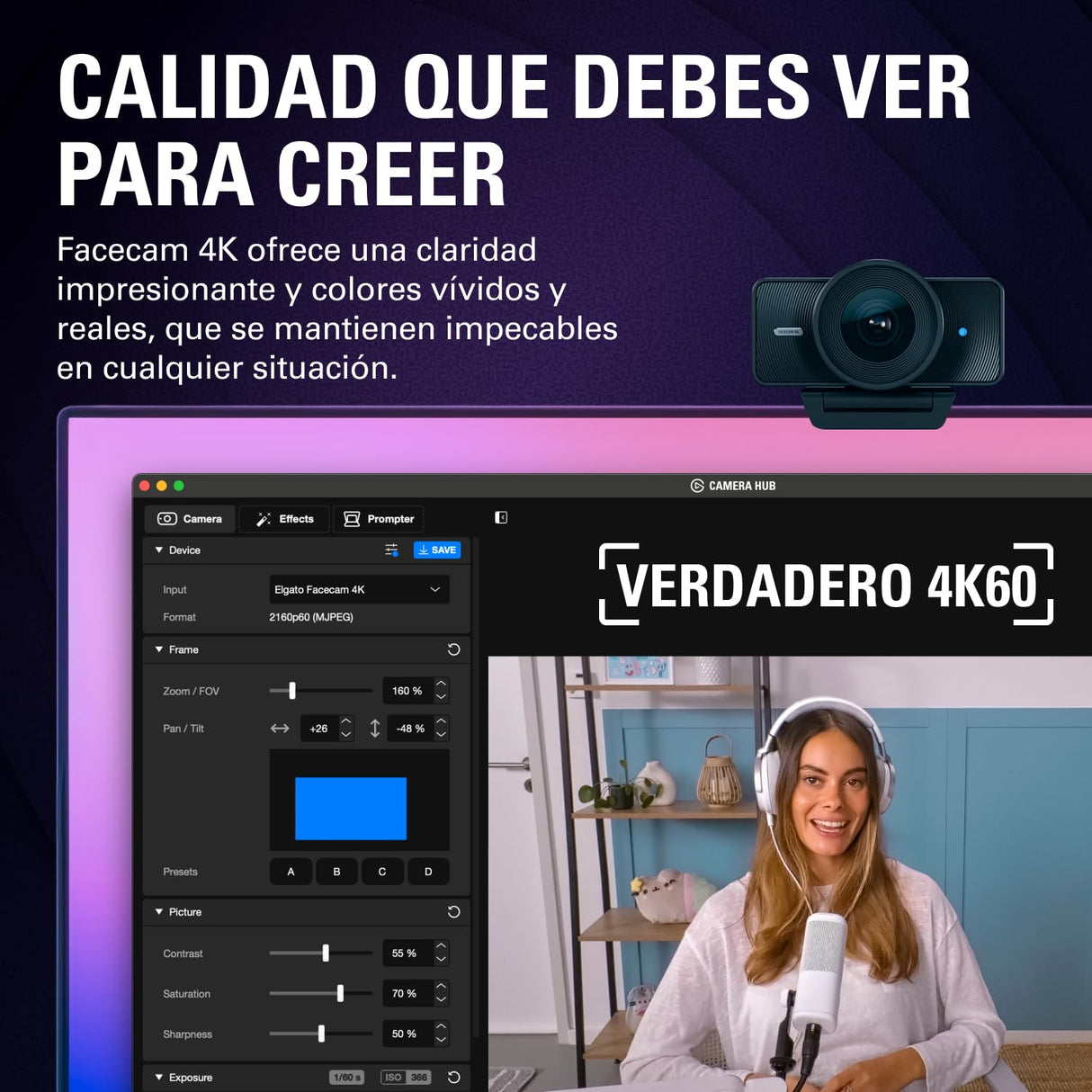 Elgato Facecam 4K – Webcam de Estudio 4K60, Calidad Tipo DSLR a 60 FPS, Compatible con filtros de Lente de 49mm, HDR, vídeo sin comprimir, área de Enfoque optimizada – USB-C para PC y Mac