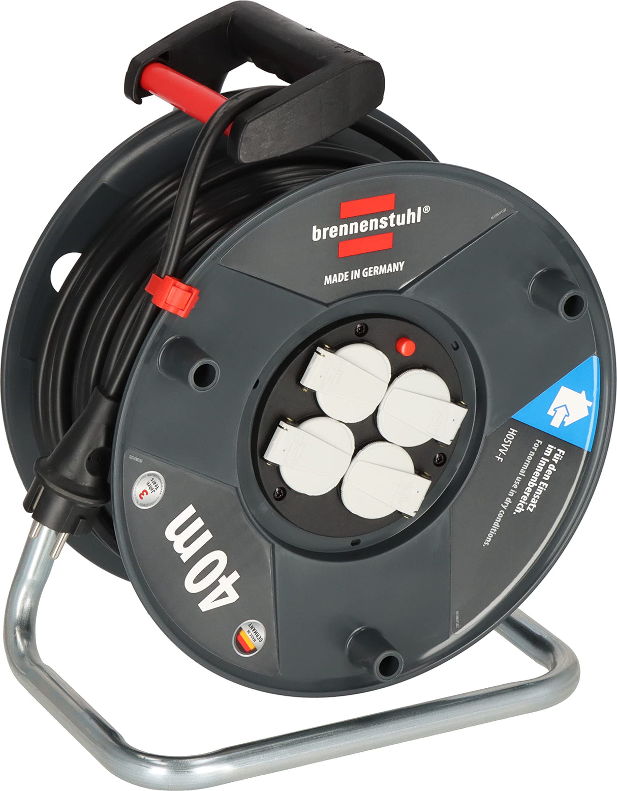 Brennenstuhl Garant V2 1208300500 - Tambor de Cable (40 m, Fabricado en Alemania, Uso en Interiores, 4 enchufes de Contacto con Tapas de Cierre automático, Mango ergonómico), Color Negro
