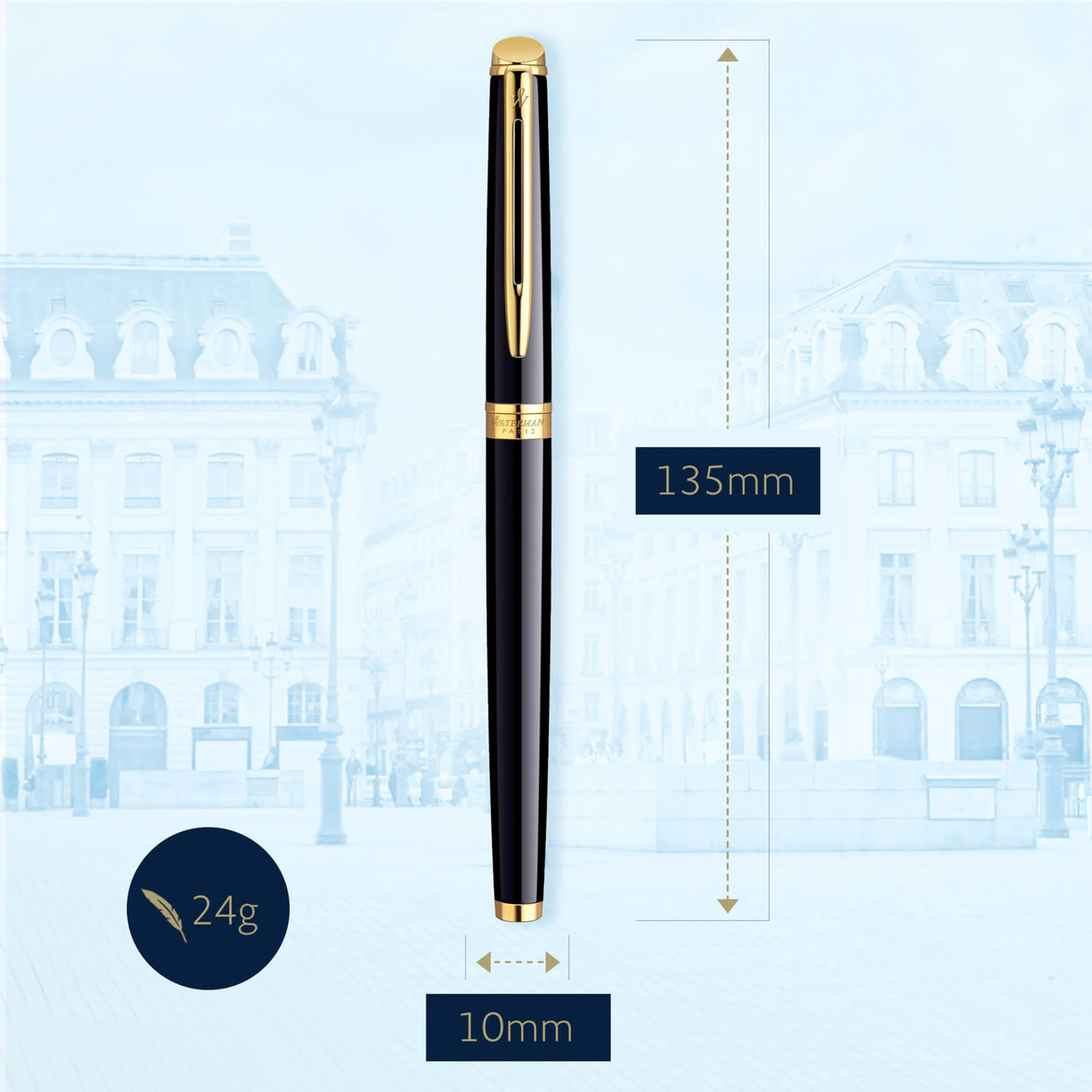 Waterman Hémisphère pluma estilográfica | color negro brillante con adorno de oro de 23 quilates | plumín mediano con cartucho de tinta azul | estuche de regalo