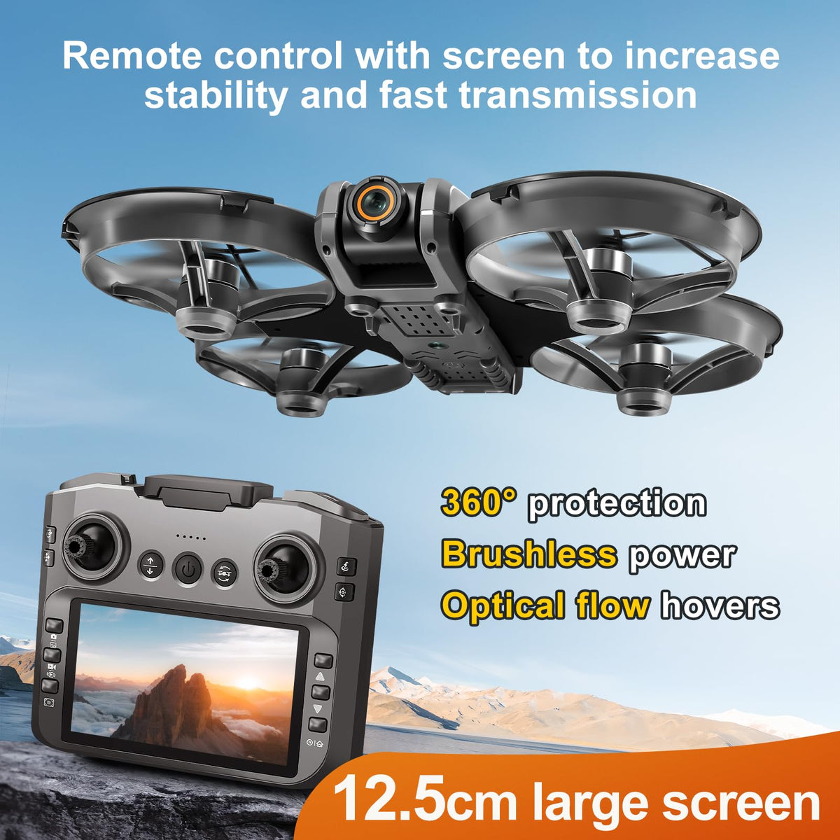 OBEST Drone con cámaras dobles, control remoto de pantalla de 4,5 pulgadas, juguete volador con luz nocturna LED, cámara ajustable de 90°, con tarjeta SD, 2 baterías
