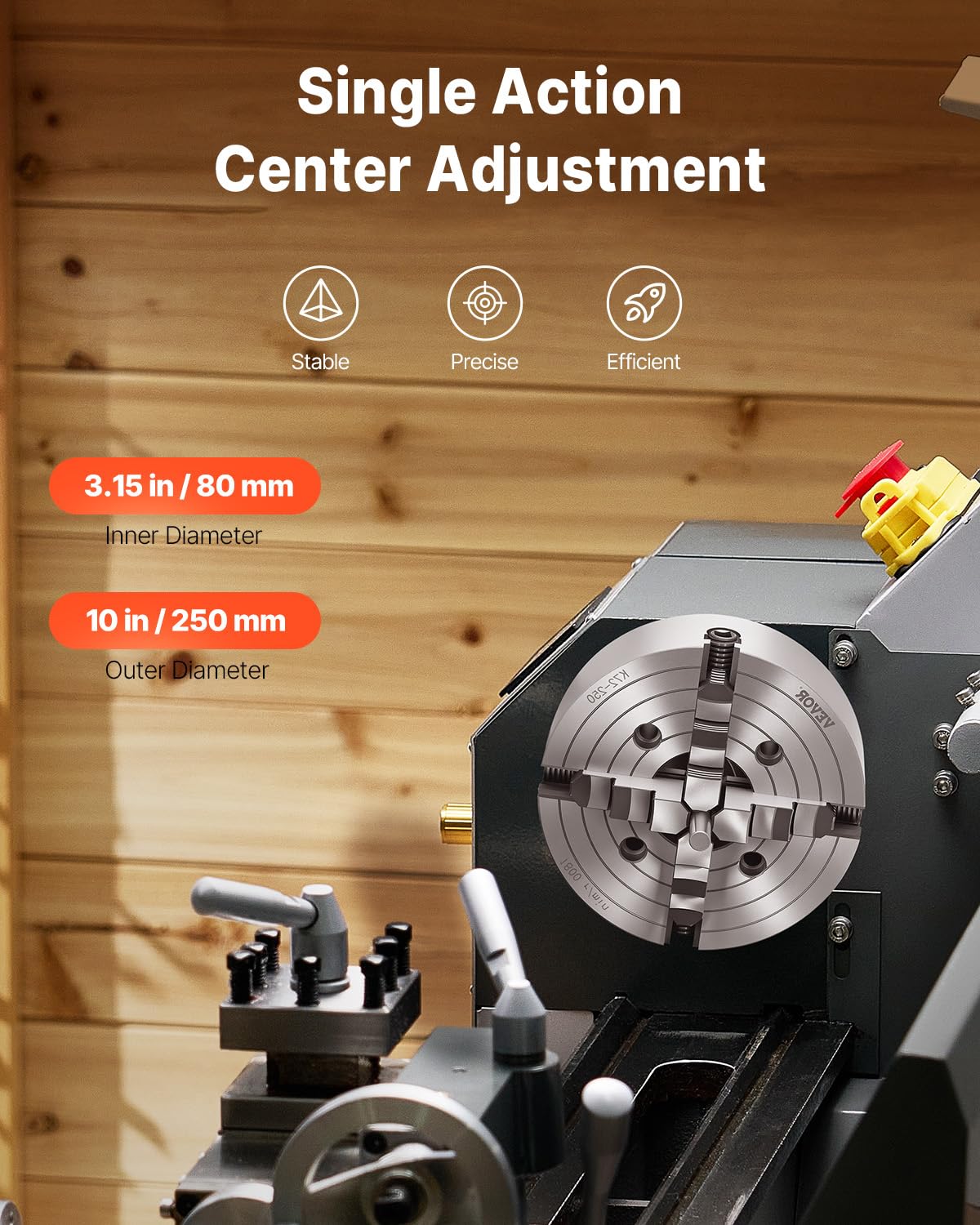 VEVOR Mandril de Torno de 4 Mordazas 25cm Autocentrante Rango de Sujeción de 15-250 mm con Tornillos de Fijación con Llave en T, Mordazas Reversibles, Interior/Exterior para Torno de Madera y Metal