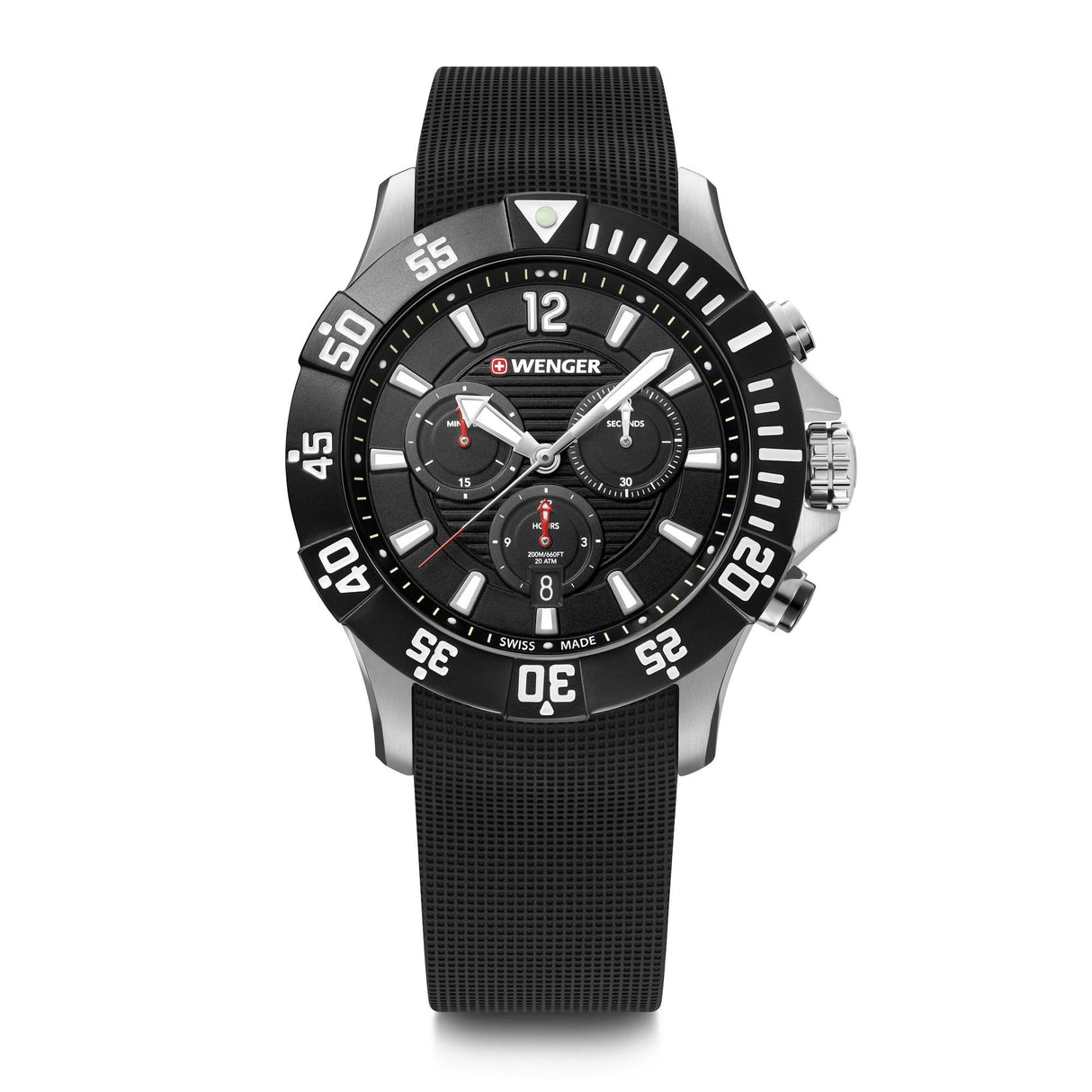 Wenger Relojes Hombre Seaforce Cronografo Ø 43mm, Suizos, Cuarzo, Impermeable 200m, Silicona Pulsera, Negro/Blanco, 01.0643.118
