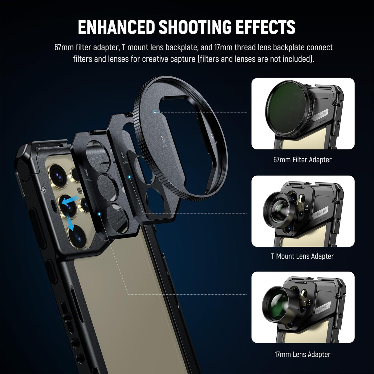 NEEWER PA042 S24 Ultra Handy Cage Jaula Video Rig Estabilizador con PA045S Mango Lateral, PA045E Bluetooth Disparador Mango de 67 mm Filtro Adaptador de 17 mm Placa de Lente Trasera, T Mount Adaptador
