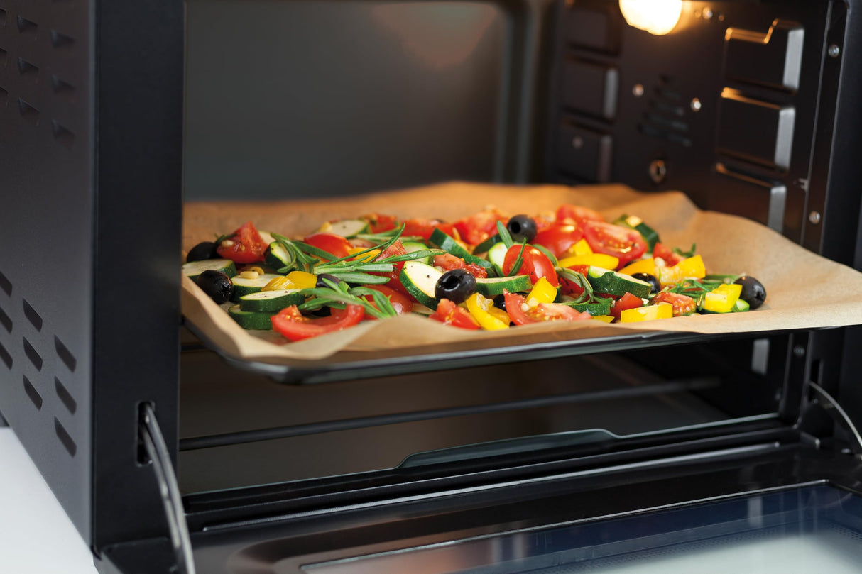 CASO TO 32 - Horno de sobremesa de acero inoxidable con Bandeja recogemigas y piedra para pizza, capacidad de 32 L, 1870 W de Potencia, hasta 230°C y 150 min - 5 modos de calor - negro