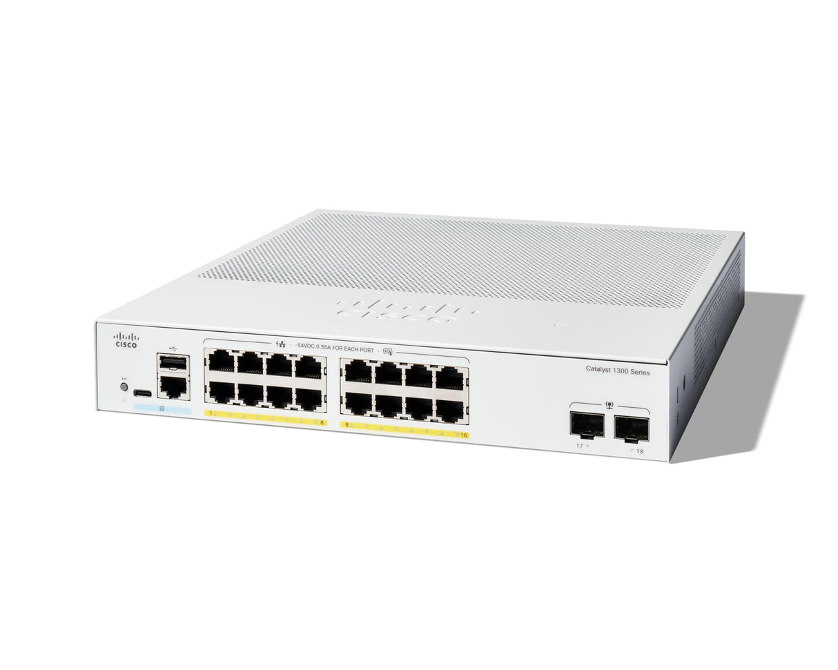 Cisco Switch administrado Cisco Catalyst 1300-16FP-2G, GE de 16 Puertos, PoE Completo, SFP GE 2x1, protección Limitada de por Vida (C1300-16FP-2G)