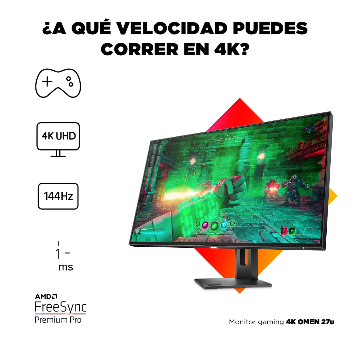 HP OMEN 27u 4K- Monitor Gaming de 27" Ultra HD (3840 x 2160 a 144Hz, 1ms, IPS, 16:9, HDMI, AMD Freesync Premium Pro, DisplayPort, HDR 400, Eyesafe, Antirreflectante, Compatibles con Consolas) Negro