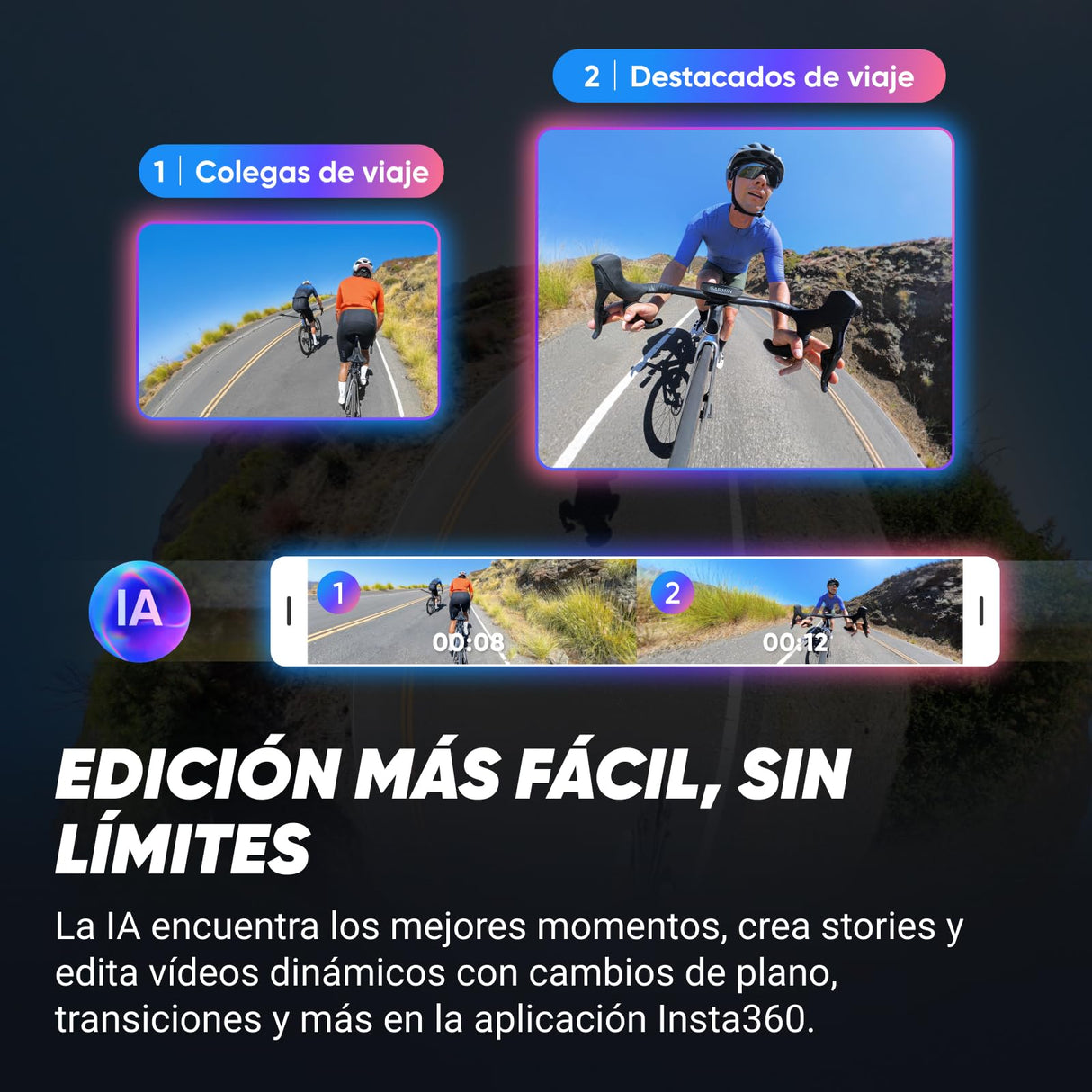 Insta360 X4 Paquete de Ciclismo en Carretera (Independiente) - Cámara de acción Impermeable 8K 360, Vídeo 4K Gran Angular, Efecto Selfie Stick Invisible, Protectores de Lente Extraíbles