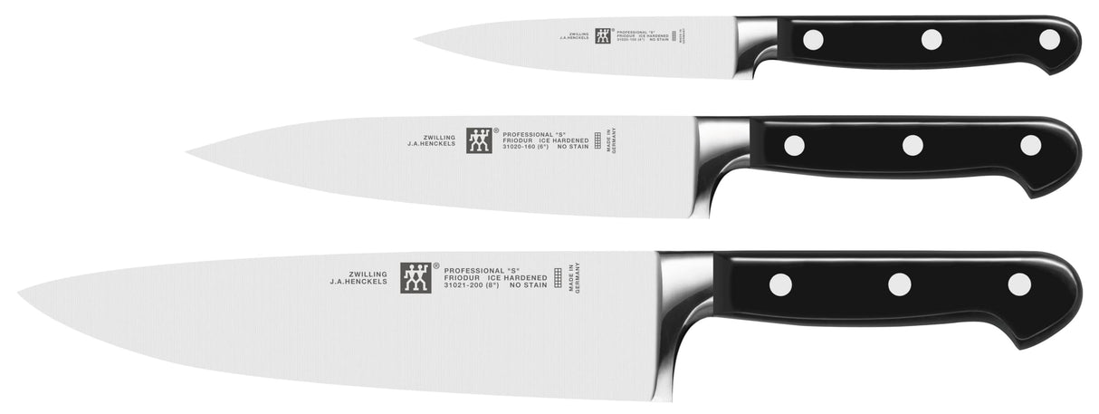 ZWILLING Juego de cuchillos, 3 piezas, cuchillo para manteca de cerdo, para carne, de chef, Mango especial de acero inoxidable/plástico, Professional S