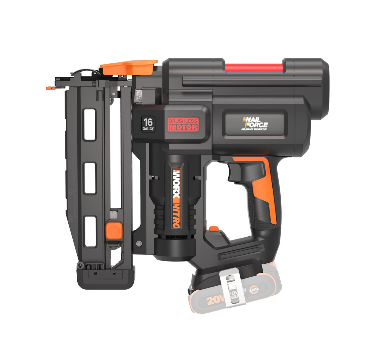 WORX WX841.9 Nitro 20V Clavadora sin cable de calibre 16 | clavadora inalámbrica| pistola de clavos alimentada por batería con liberación de atascos sin herramientas| PowerShare - Solo herramienta