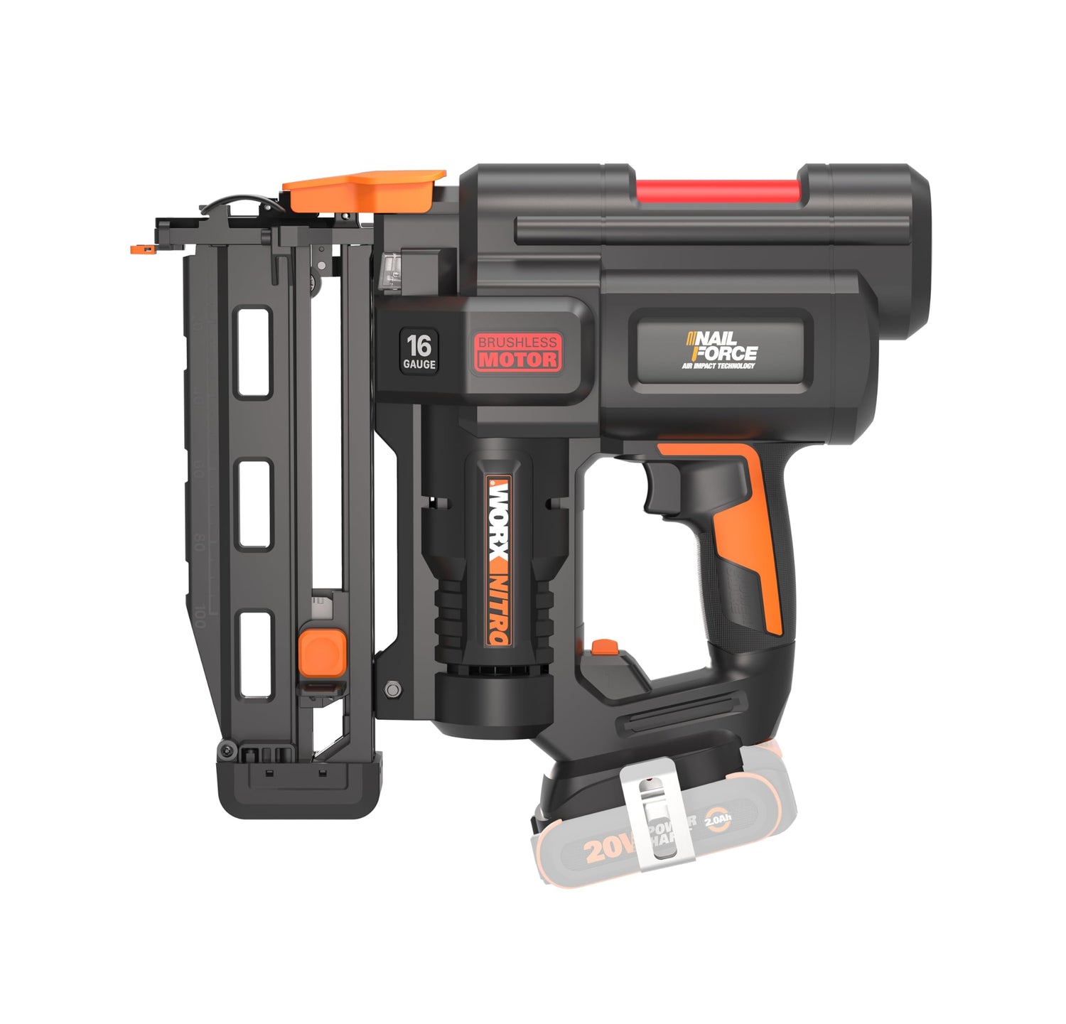 WORX WX841.9 Nitro 20V Clavadora sin cable de calibre 16 | clavadora inalámbrica| pistola de clavos alimentada por batería con liberación de atascos sin herramientas| PowerShare - Solo herramienta