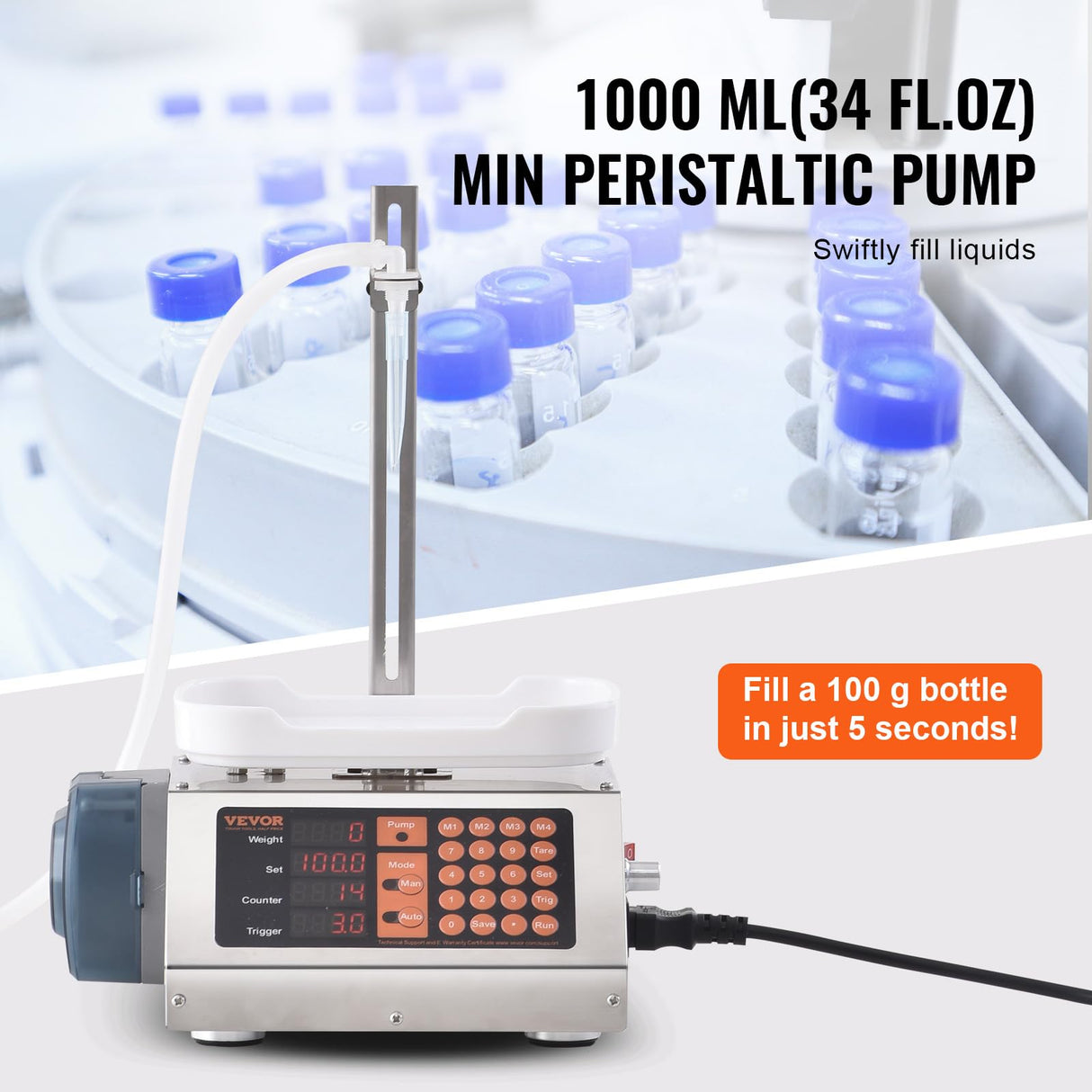 VEVOR Máquina Automática de Llenado de Líquidos Capacidad de Pesaje 5-300 g Llenadora de Botellas Bomba Peristáltica de Control Digital para Leche, Agua, Vino, Bebidas, Salsa de Soja, Boquilla Única
