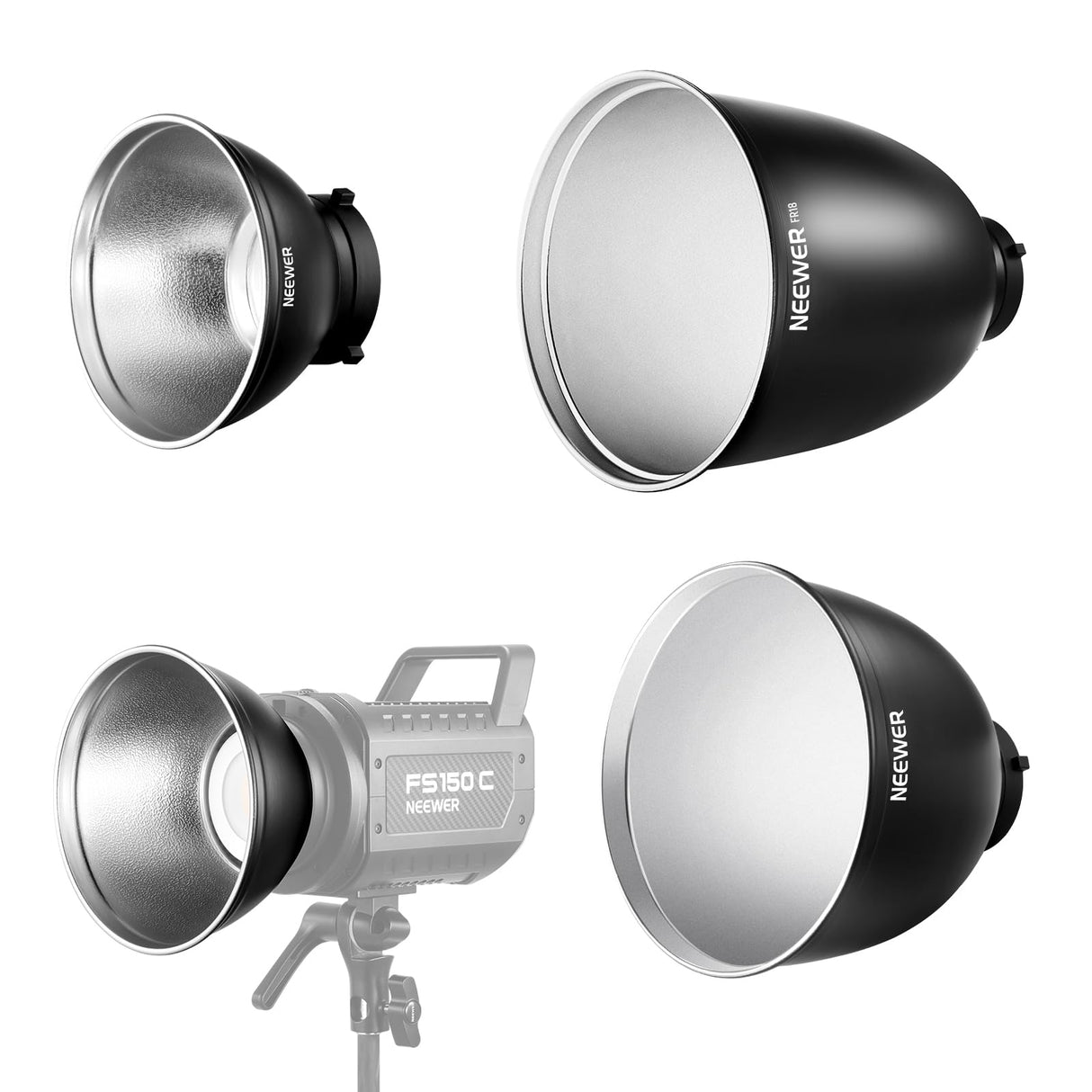 NEEWER 7" Estándar/10 Mediano/11 Profundo Enfoque Reflector Set, 55°/65°/45° Pantalla Lámpara Difusora Reflectora Bowens Montaje Compatible con Godox Compatible con Aputure NEEWER Flash Strobe, FR18