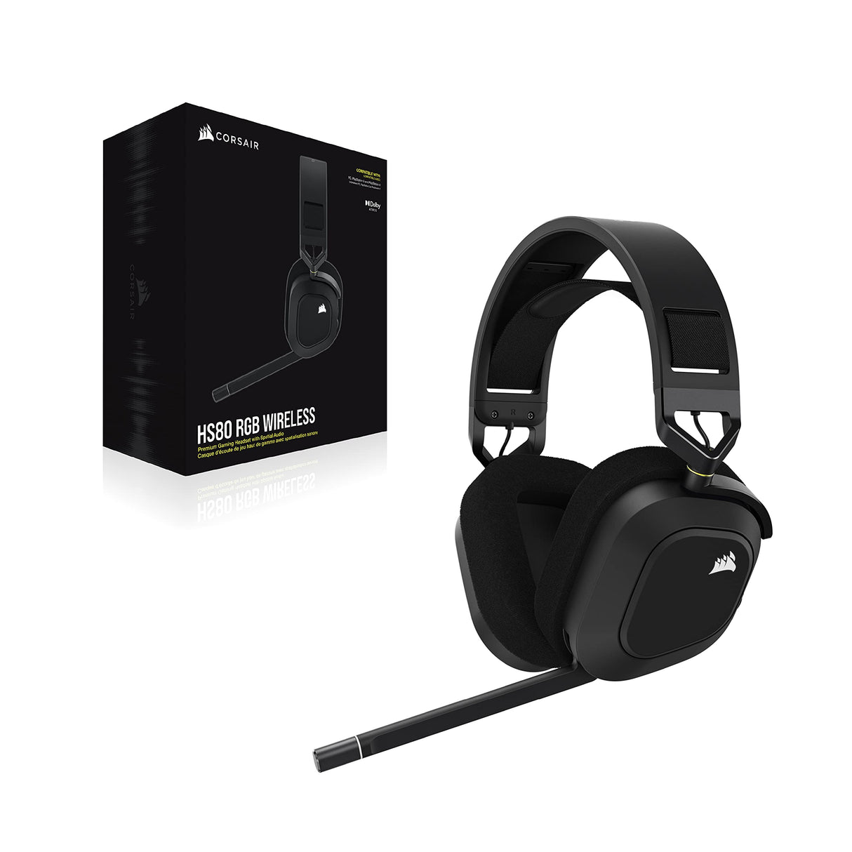 Corsair HS80 RGB WIRELESS Auriculares Inalámbricos para Juegos Multiplataforma RGB - Dolby Atmos - Micrófono Omnidireccional - Compatible con iCUE - PC, Mac, PS5, PS4 - Carbono