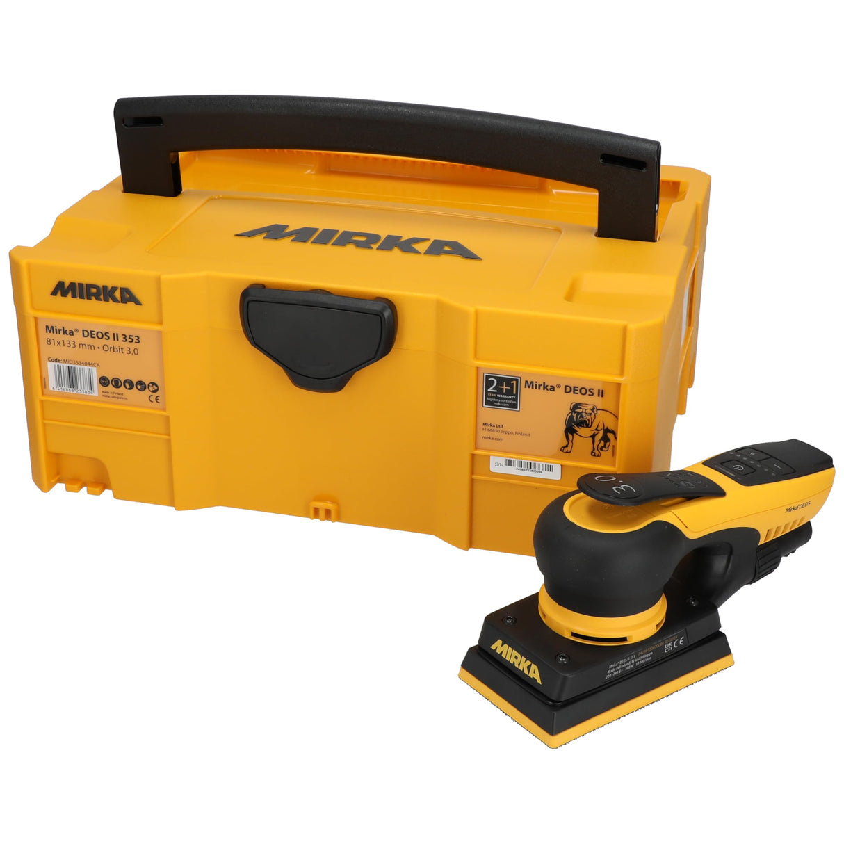 Mirka DEOS II 353 lijadora orbital en maletín 81x133mm 300 W lijadora de baja vibración para el lijado sin polvo de madera, tabiquería seca y metal con papel de lija velcro / MID3534044CA