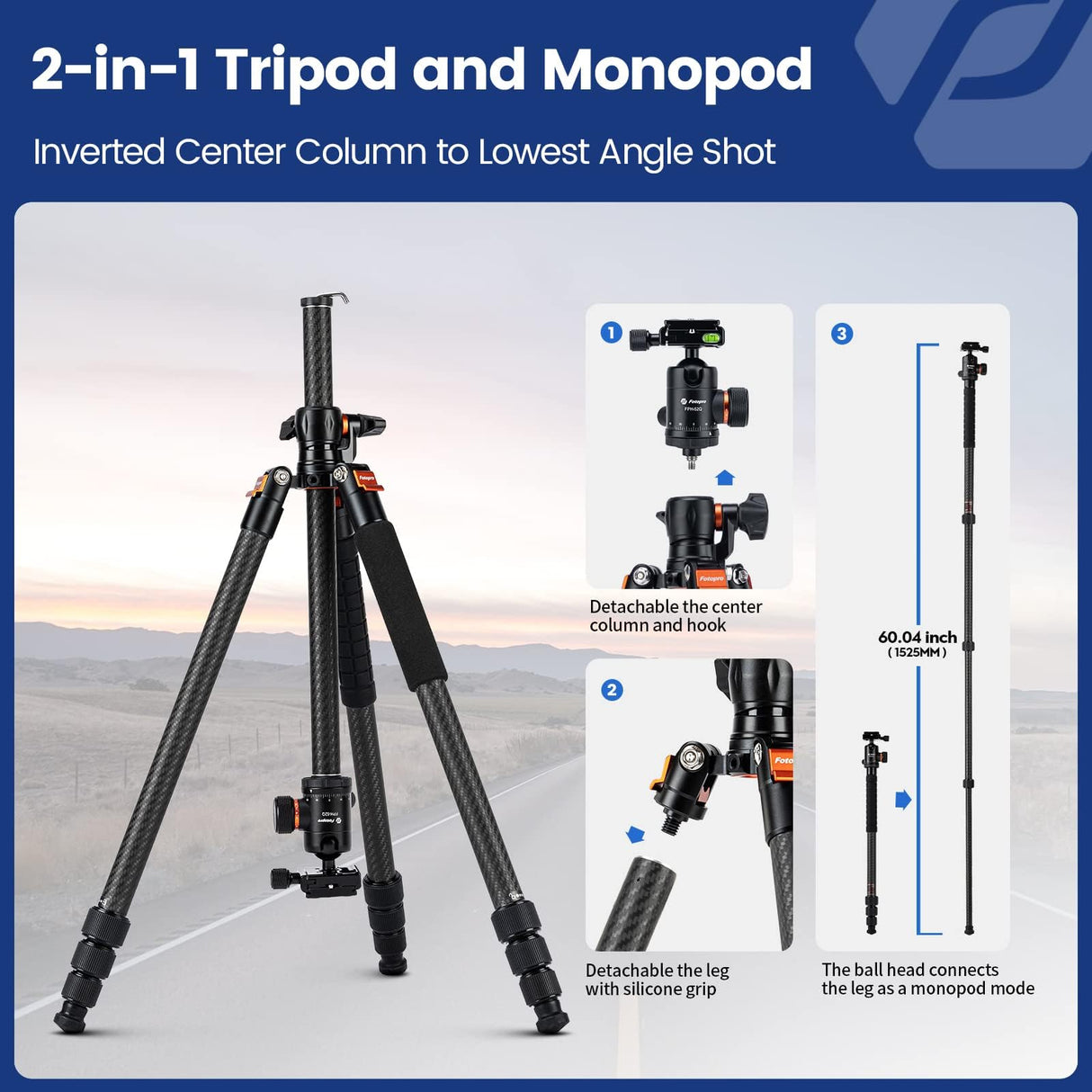 Fotopro Trípode Horizontal para cámara de 75 Pulgadas, Fibra de Carbono, Cabeza de Bola de 360 Grados, Placa de liberación rápida, trípode DSLR para cámara de Viaje, videocámara