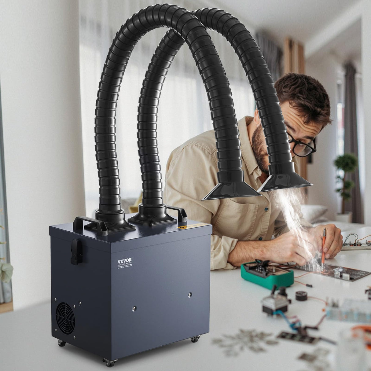 VEVOR Extractor de Humos de Soldadura 275 W con Mangueras Dobles Absorbedor de Humo de Soldadura 380 m³/h sin Escobillas con Filtros de 4 Etapas y 10 Velocidades para Soldadura, Grabado Láser