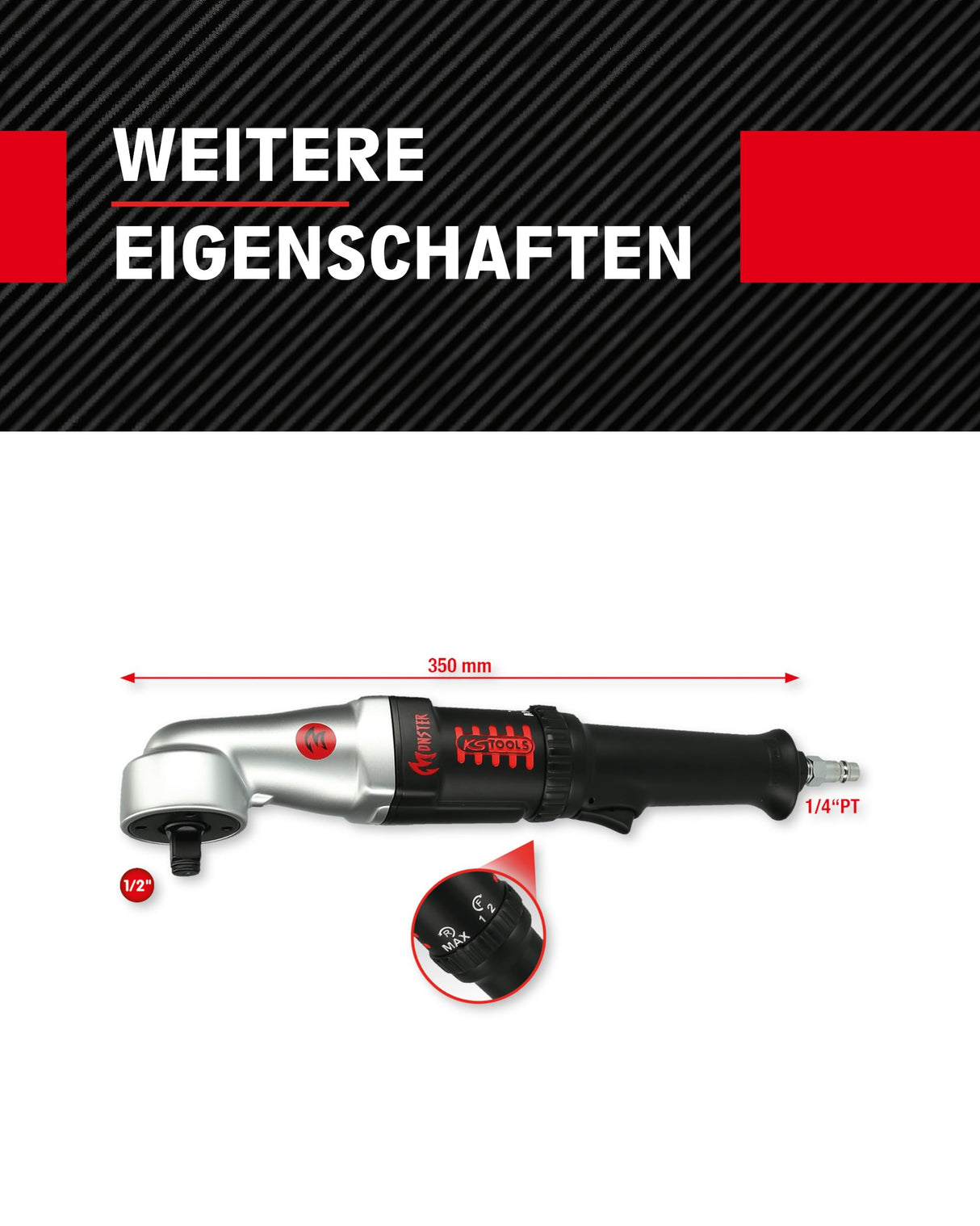 KS Tools 515.1625 Atornillador de impacto angular a aire comprimido de 1/2" MONSTER de alta potencia, 271 Nm