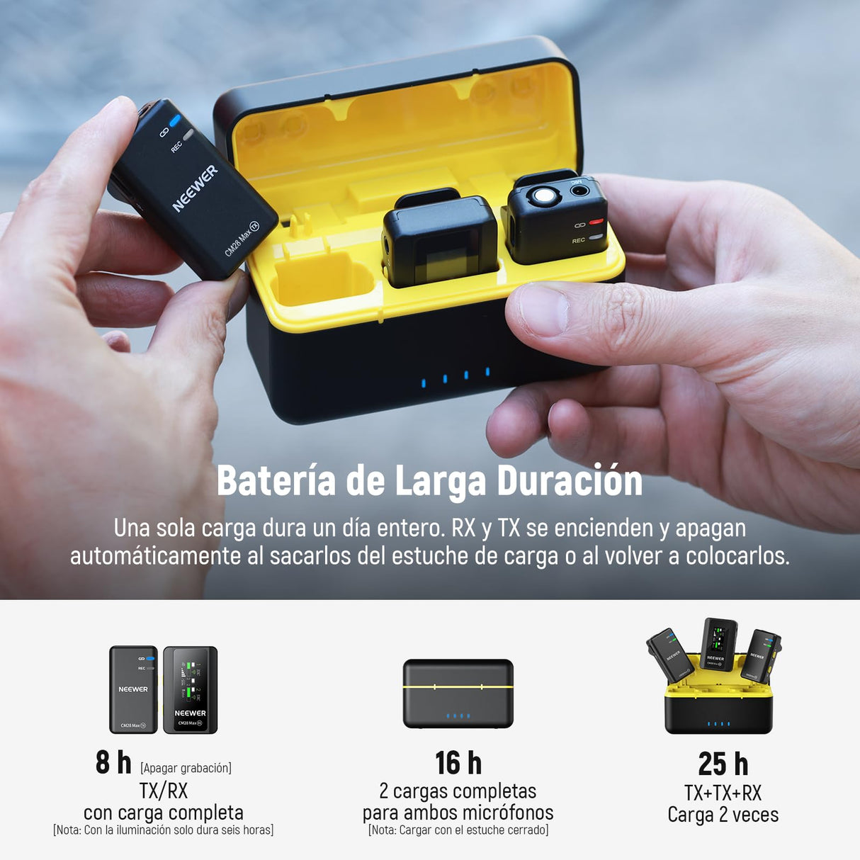 NEEWER CM28 Ultra Inalámbrico Lavalier Solapa Micrófono Sistema Estuche Carga Sin Comprimir 48KHz 24Bit 8GB Almacenamiento Grabación 14H Cancelar Ruido Mini Mic para iPhone iPad Android Cámara PC