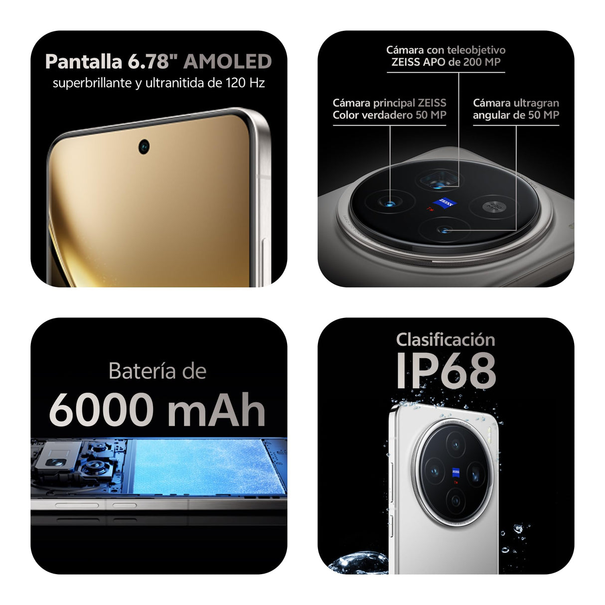 VIVO X200 Pro 5G Smartphone, 16GB RAM + 512GB ROM, Pantalla AMOLED 8T LTPO 6.78”120 Hz, Cámara Teleobjetivo 200 MP con óptica ZEISS, Batería BlueVolt de 6000mAh, Flashcharge 90 W, IP68