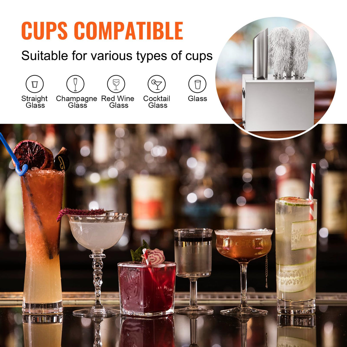 VEVOR Pulidora de Copas de Vino con 5 Cepillos Pulidora de Copas Eléctrica Comercial de 330 tazas/hora para Copas de Champán, Vasos de Cerveza, Jarras, para Bares, Restaurantes, Cocinas, Plata