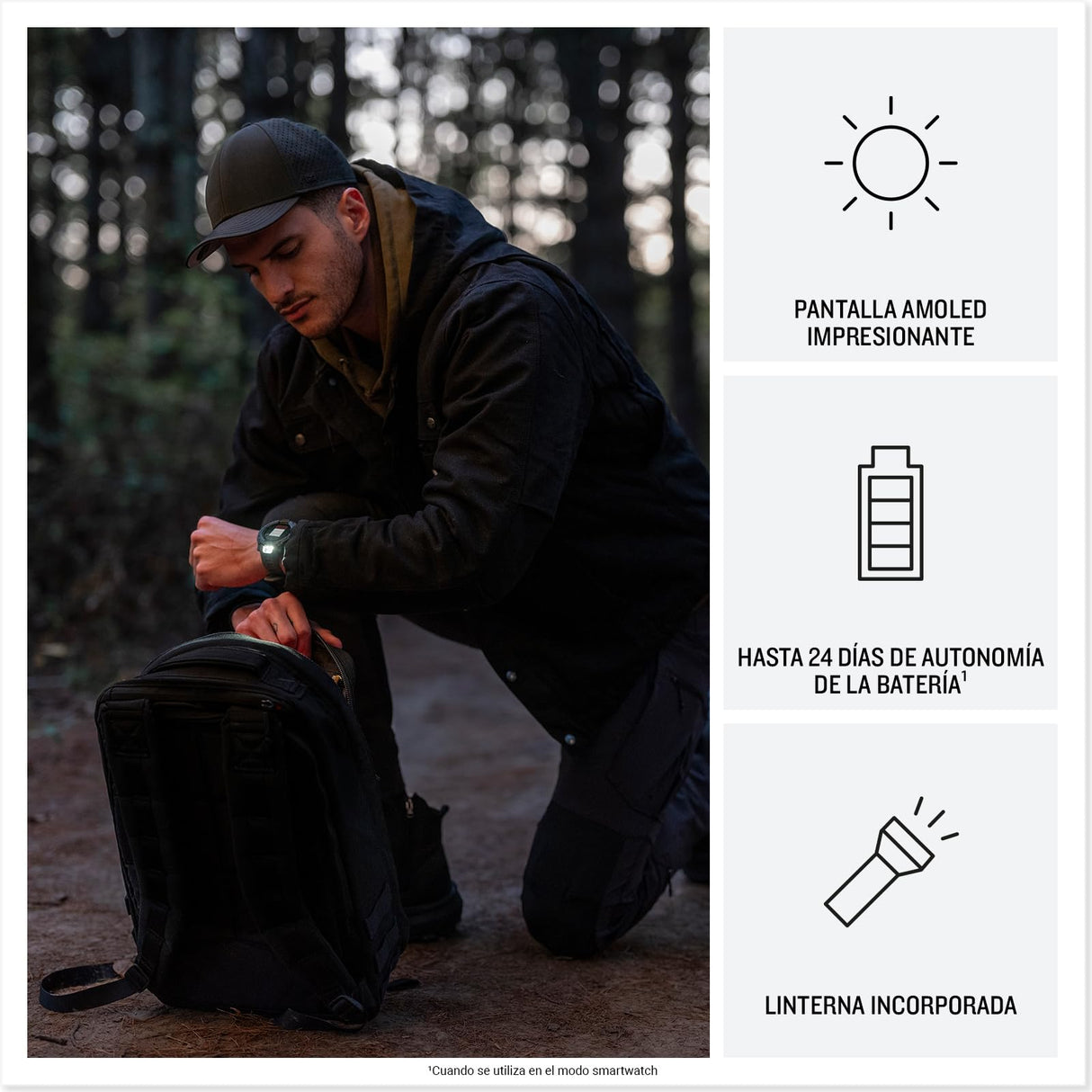 Garmin Instinct 3 Tactical Edition, 50 mm, Reloj Inteligente con GPS Resistente al Agua, Pantalla AMOLED, Funciones Tacticas, Monitorización de la Salud, Linterna LED, hasta 24 días autonomía, Negro