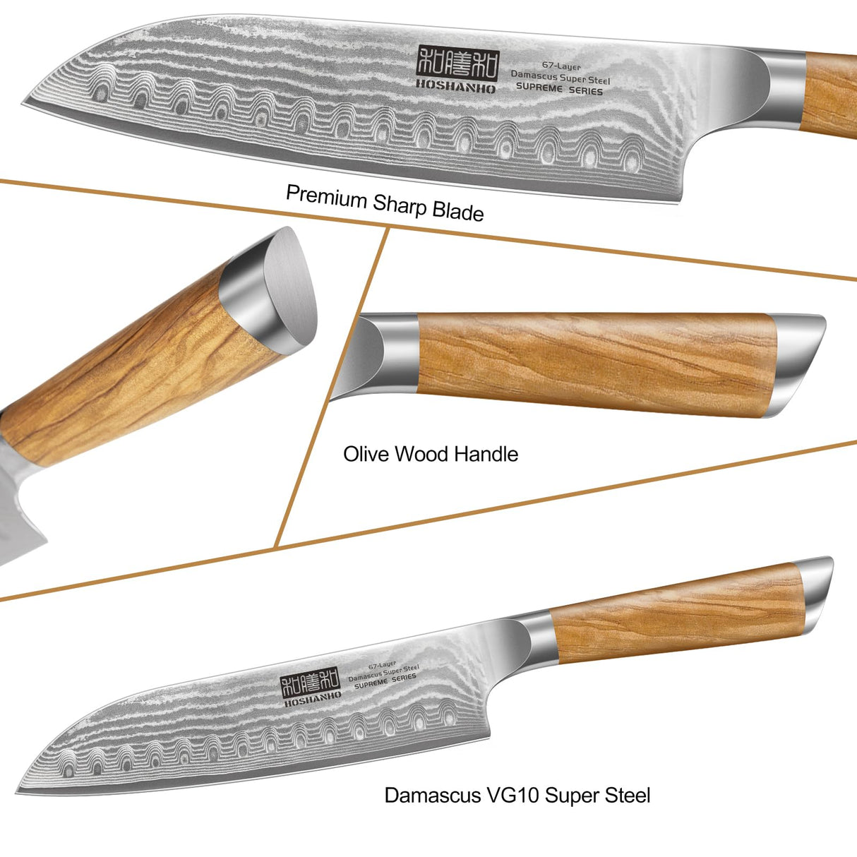 HOSHANHO Damasco Set Cuchillo 3 Piezas, Profesional Set Japoneses de Acero Damasco de 67 Capas, 20cm Cuchillo de Cocina, 18cm Cuchillo Santoku, 9.5cm Cuchillo de Fruta