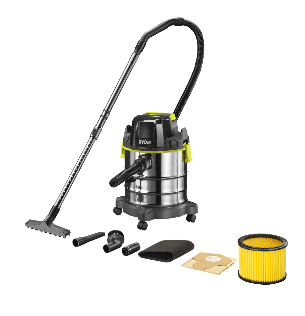 RYOBI - Aspiradora Agua y Polvo 18V ONE+ - Deposito de Acero Inoxidable 18L, 11,4Kpa, 1,4m3/min - Entragada con Manguera 1,8m, Tubo Extensible y Accesorios - Batería y Cargador no Incluidos - R18WDV-0