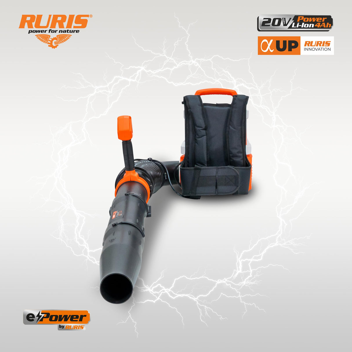 RURIS - Soplador de Espalda inalámbrico 1284e 4 velocidades + Modo Turbo, Velocidad 70 m/s, Volumen 1100 m³/h, Tubo telescópico, arnés y 2 baterías de Litio de 20 V + Cargador Incluido