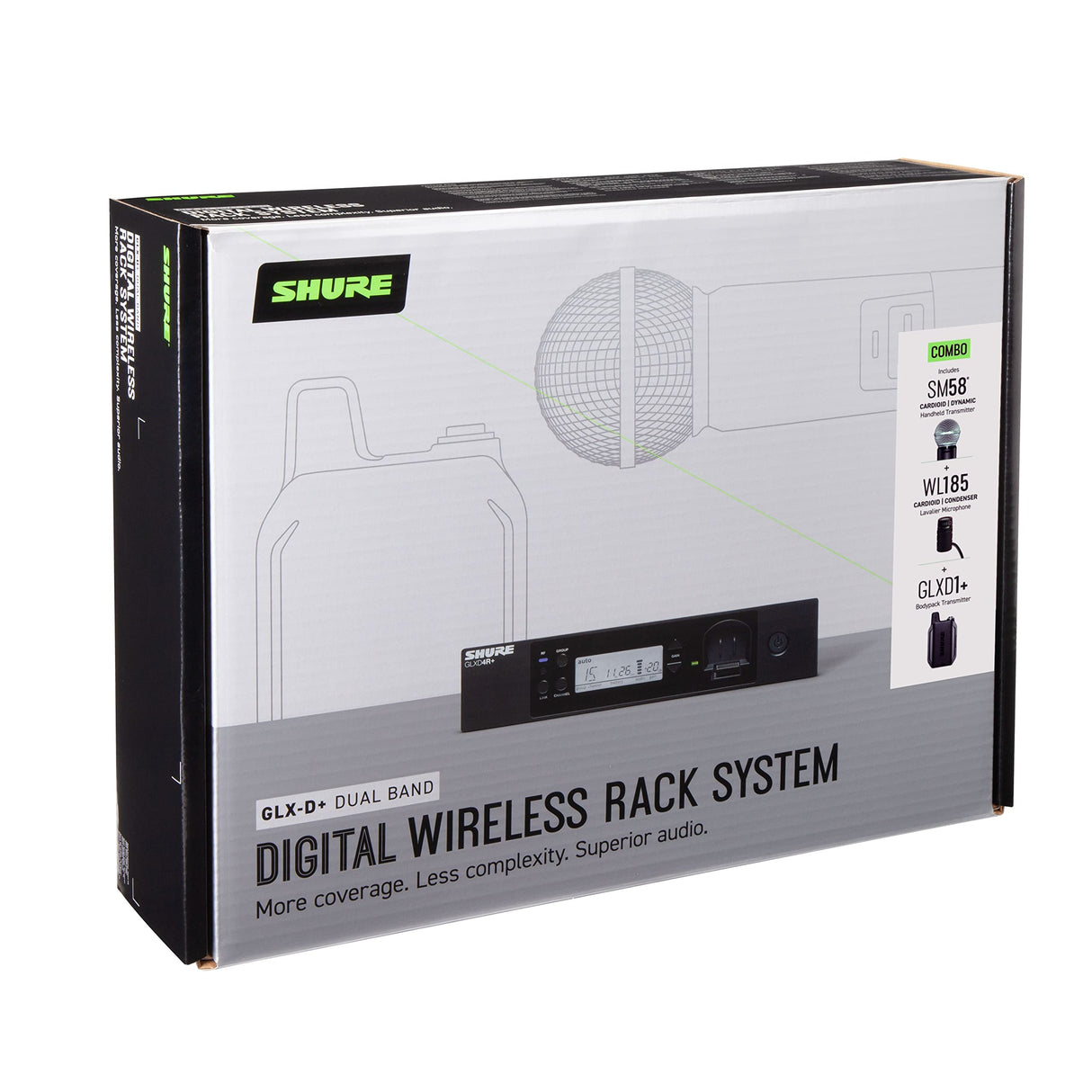 Micrófono inalámbrico Shure GLXD124R+/85 de doble banda con batería de 12 horas y alcance de 30m, incluye micrófonos de mano y solapa, receptor de un solo canal en rack.