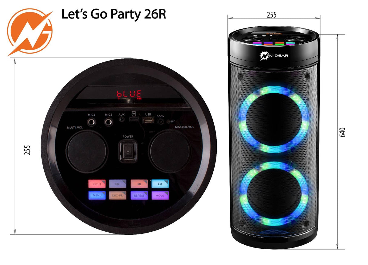 N-Gear LPG26R Let's Go Party Altavoz Bluetooth con micrófono Karaoke LED Disco, Función Power Bank, Potencia 600W (40W RMS) LGP26R