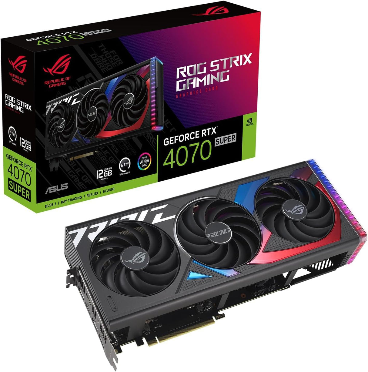 ASUS ROG Strix GeForce RTX 4070 Super - Tarjeta gráfica Gaming (PCIe 4.0, 12 GB GDDR6X, DLSS 3, HDMI 2.1a, DisplayPort 1.4a, Placa Posterior masiva ventilada, Sensor de Potencia, Aura Sync)