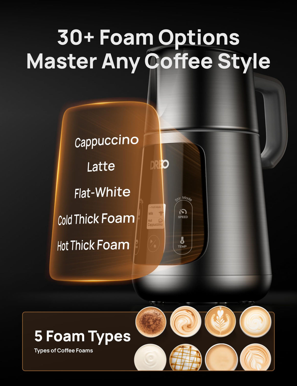 Dreo Espumador de Leche Todo en Uno, Creador de Espuma Automático para Microespuma de Nivel de Arte en Latte y Café Caliente/Frío, Calentador de Leche Eléctrico de 27oz/800ml con más de 30 Bebidas