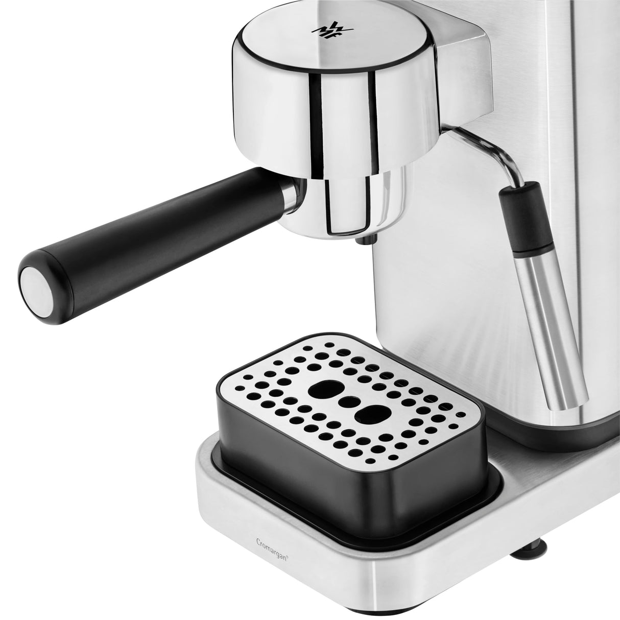 WMF Lumero - Cafetera expreso con 3 portafiltro, 1400 vatios, para 1-2 tazas de expreso, 15 bares, reposavasos, espumador de leche, prensador de café, luz led, acero inoxidable mate