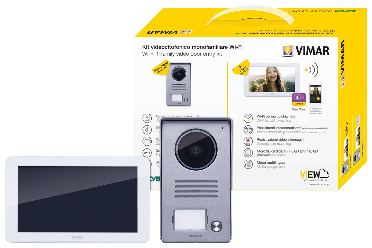 Vimar K40945 Kit videoportero contenido: videoportero Wi-Fi LCD 7in pantalla táctil, placa de entrada audio/vídeo de 1 botón, alimentador con clavijas intercambiables, con soporte, blanco