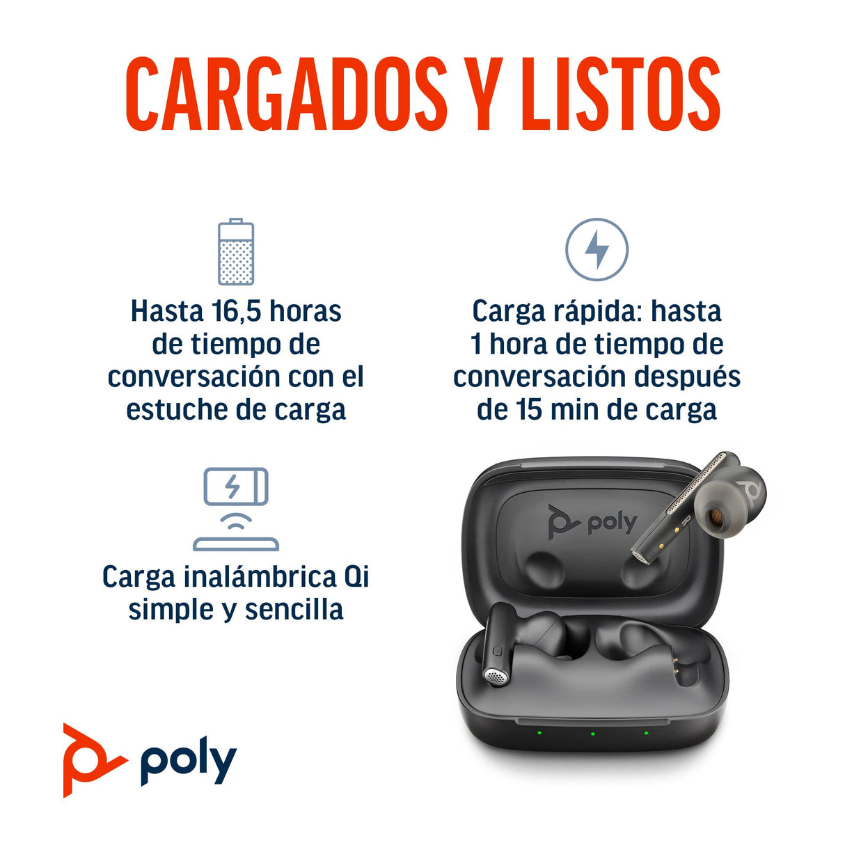 Audífonos Voyager Free 60 con gran capacidad inalámbrica de Poly (Plantronics) — Micrófonos con cancelación — Cancelación de ruido activa (ANC), Estuche de carga portátil, Compatible: iPhone, Android