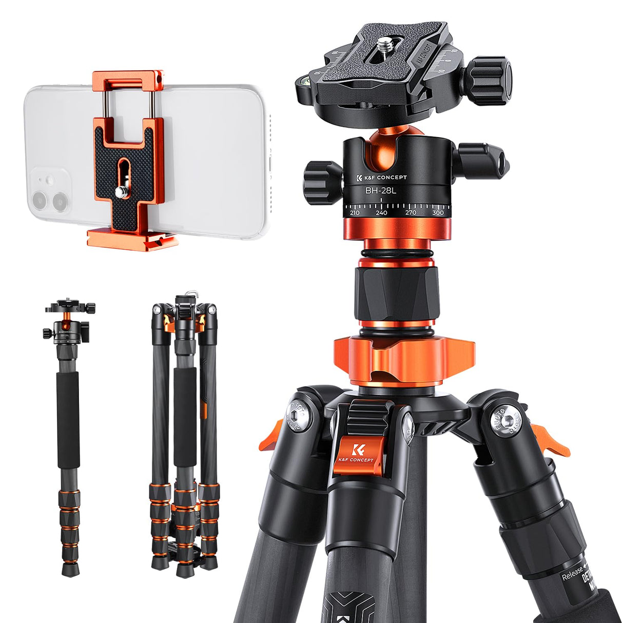 K&F CONCEPT Trípode Cámara Carbono 172CM Trípode Ligero Fotografía Professional de Viaje 360° Rótula de Bola y Placa de Liberación para Cámara DSLR (1.32KG)