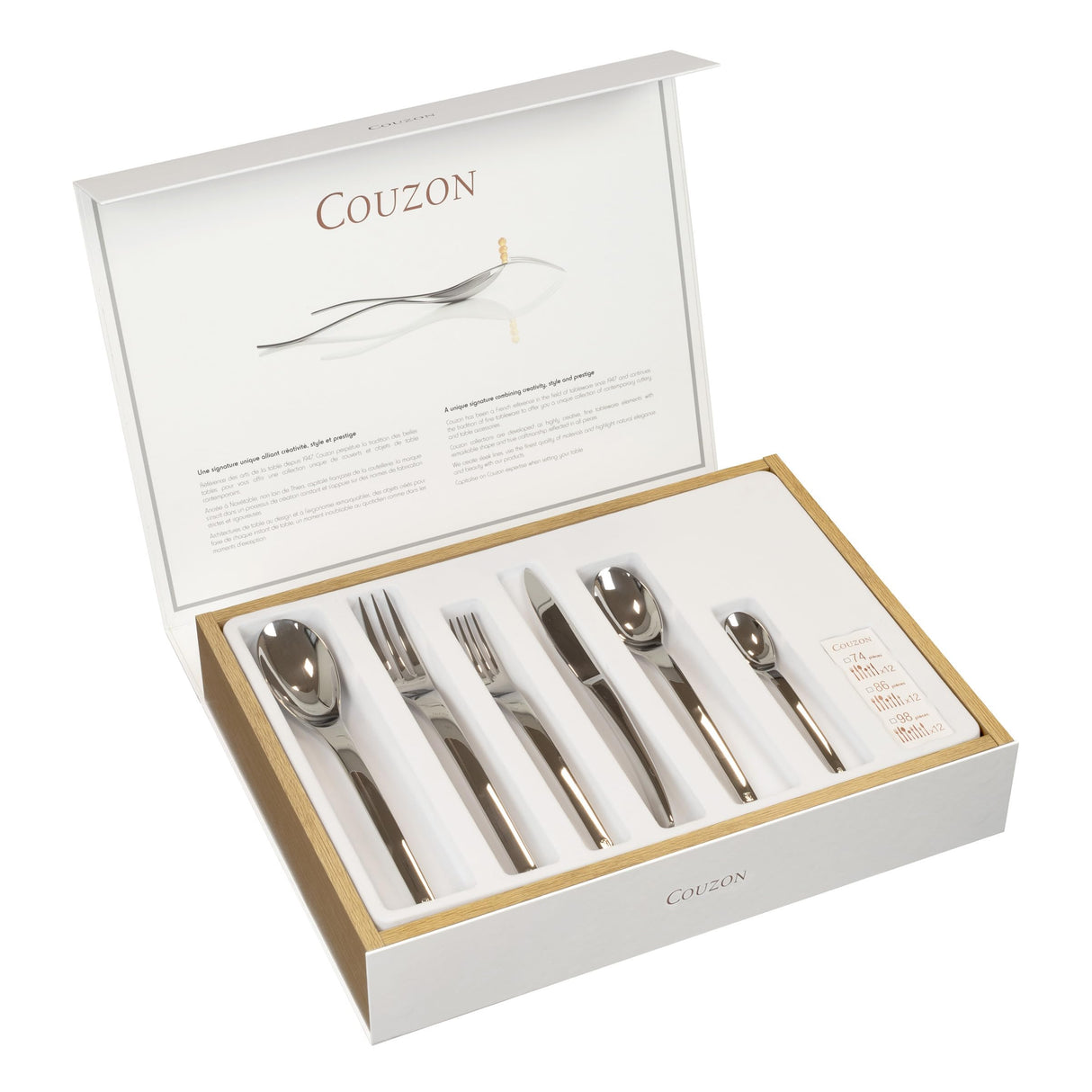 COUZON Haikou Cubertería de 50 Piezas en Estuche de Madera, Acero Inoxidable, Plateado