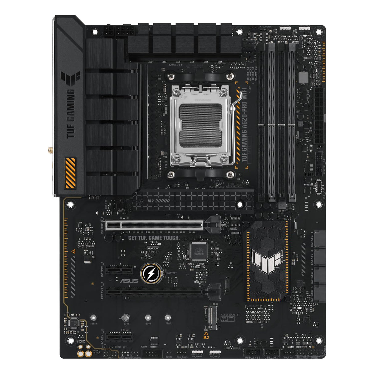 ASUS TUF Gaming A620-PRO WiFi Placa Base AMD A620 ATX (12+2 DrMOS, Wi-Fi 6, 2.5Gb Ethernet, DP, HDMI, USB 3.2 Gen 2, USB 3.2 Gen 1 Type-C, BIOS Flashback, cancelación de Ruido y Aura Sync), Negro
