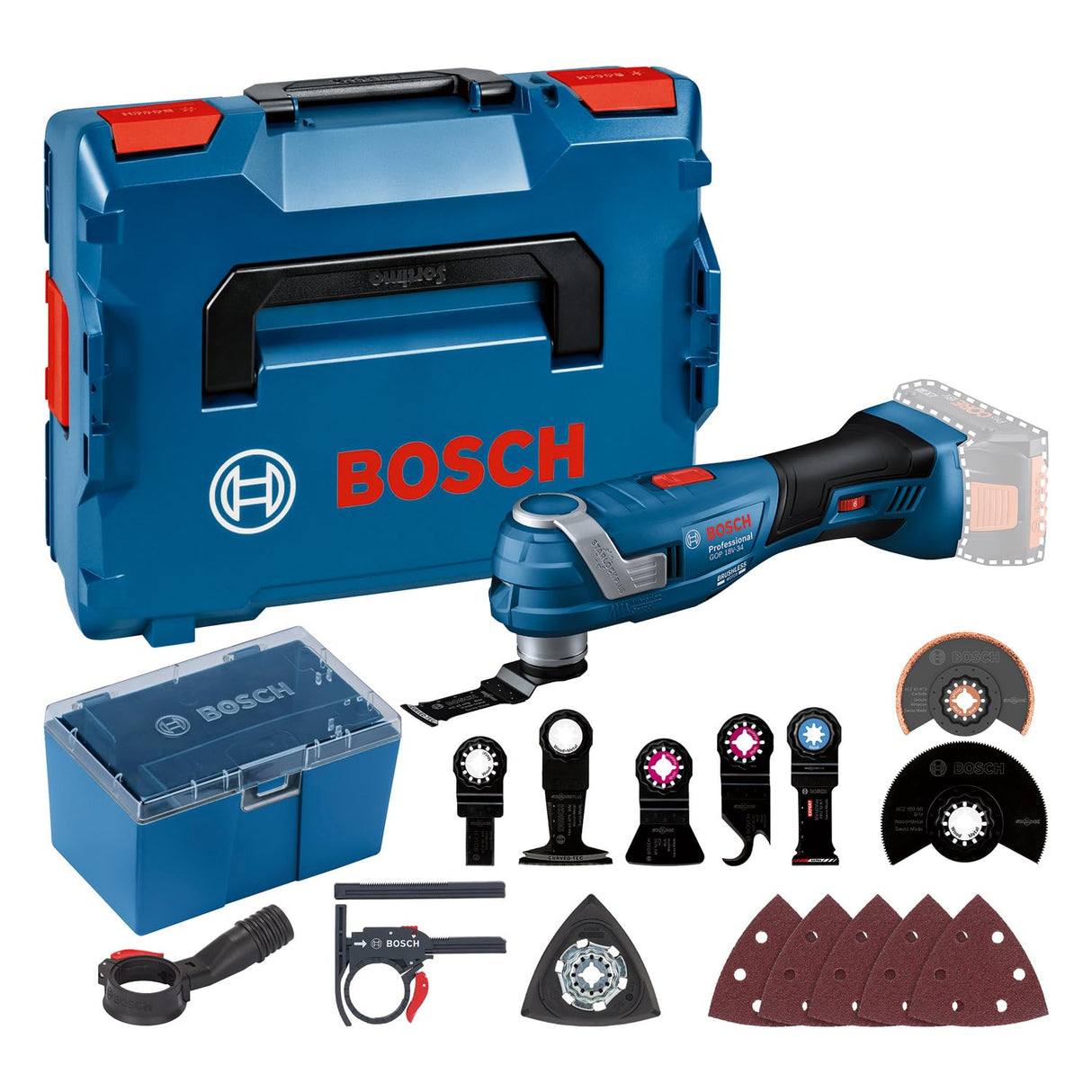 Bosch Professional 18V System multiherramienta a batería GOP 18V-34 (motor Brushless sin escobillas, Vibration Control, con varias cuchillas, 1 plato de lija, 5 hojas de lija, 5 accesorios en L-BOXX)