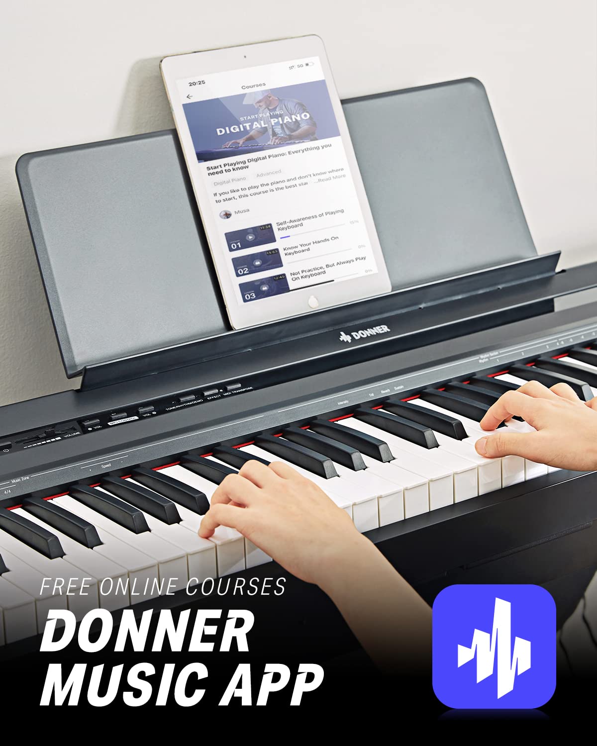 Donner Piano Eléctrico Digital 88 Teclas, Mitad Contrapesadas Teclas, Teclado Musical Adecuado para Principiantes con Soporte de Piano Desmontable y Pedal Triple, DEP-10S, Retro, Negro