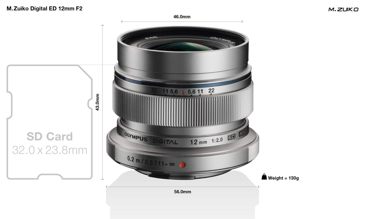 Objetivo Olympus M.Zuiko Digital ED 12 mm F2.0, Longitud Focal Fija rápida, Apto para Todas Las cámaras MFT (Modelos Olympus OM-D & Pen, Serie G de Panasonic), Plata