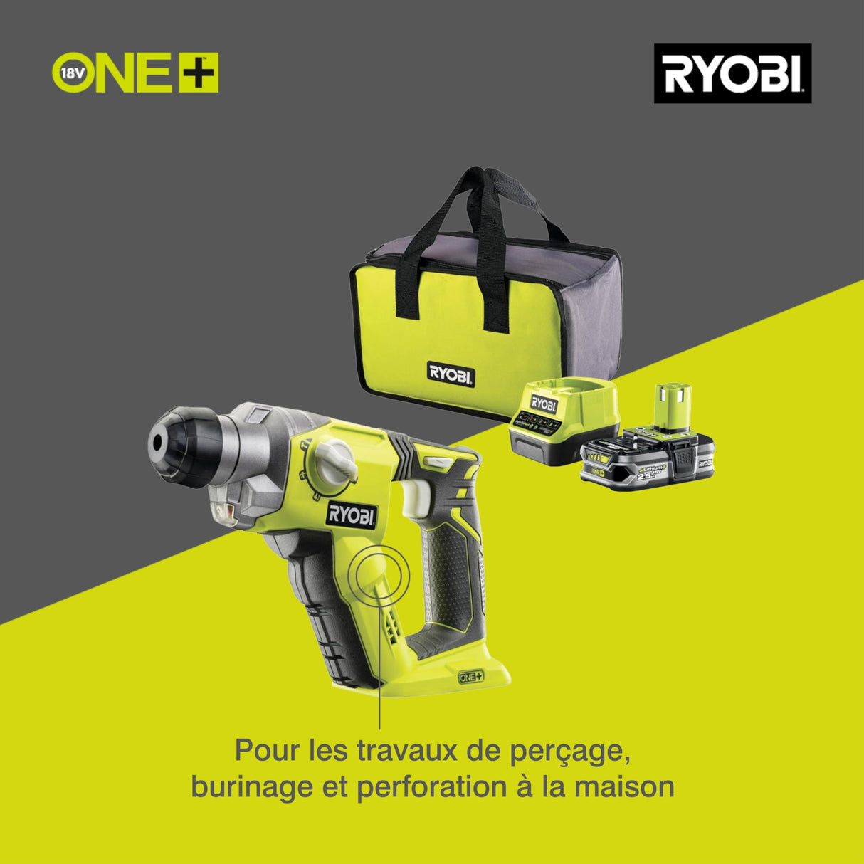 RYOBI - Martillo combinado SDS + 18V ONE+™ con 1 batería 18V - 2,5 Ah y Cargador 1,5A -R18SDS-125S
