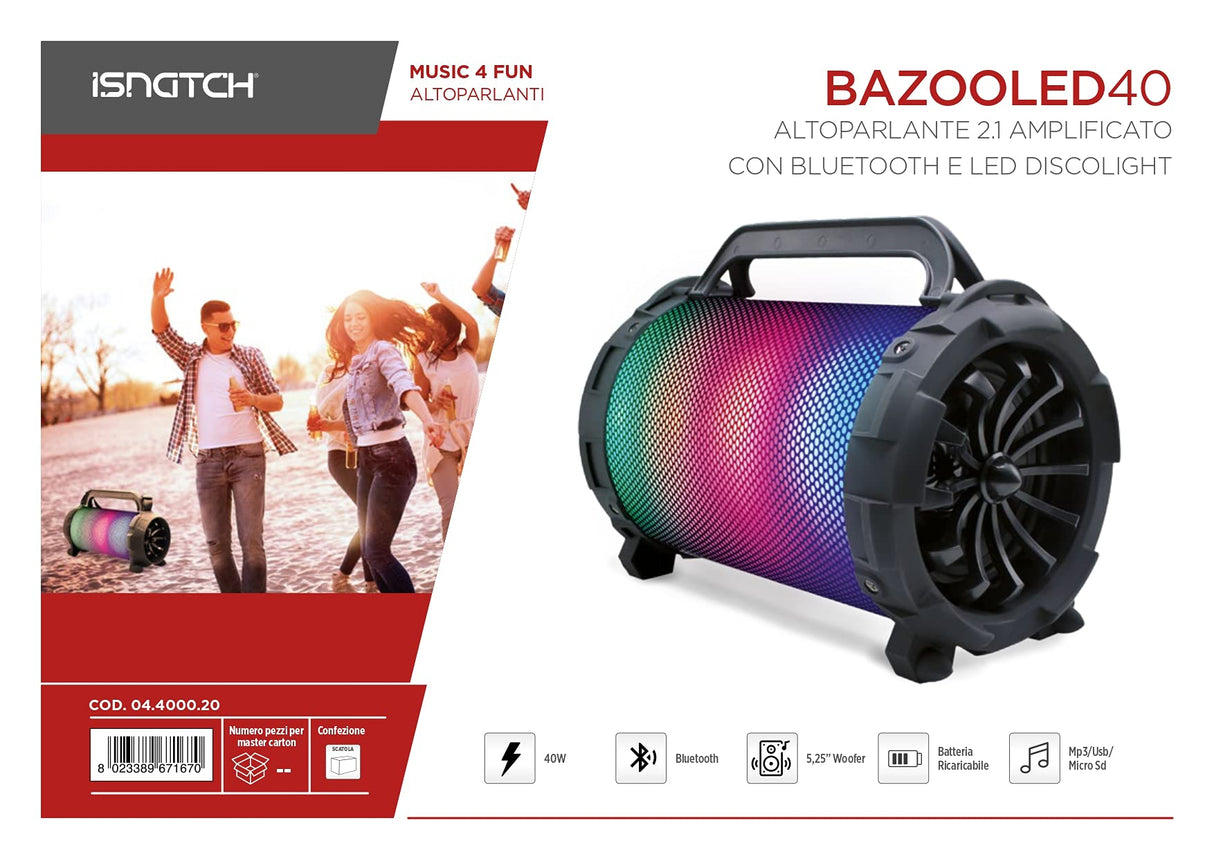 iSnatch BazooLED 40-40W Altavoz Bluetooth para Exteriores con Luces DiscoLED