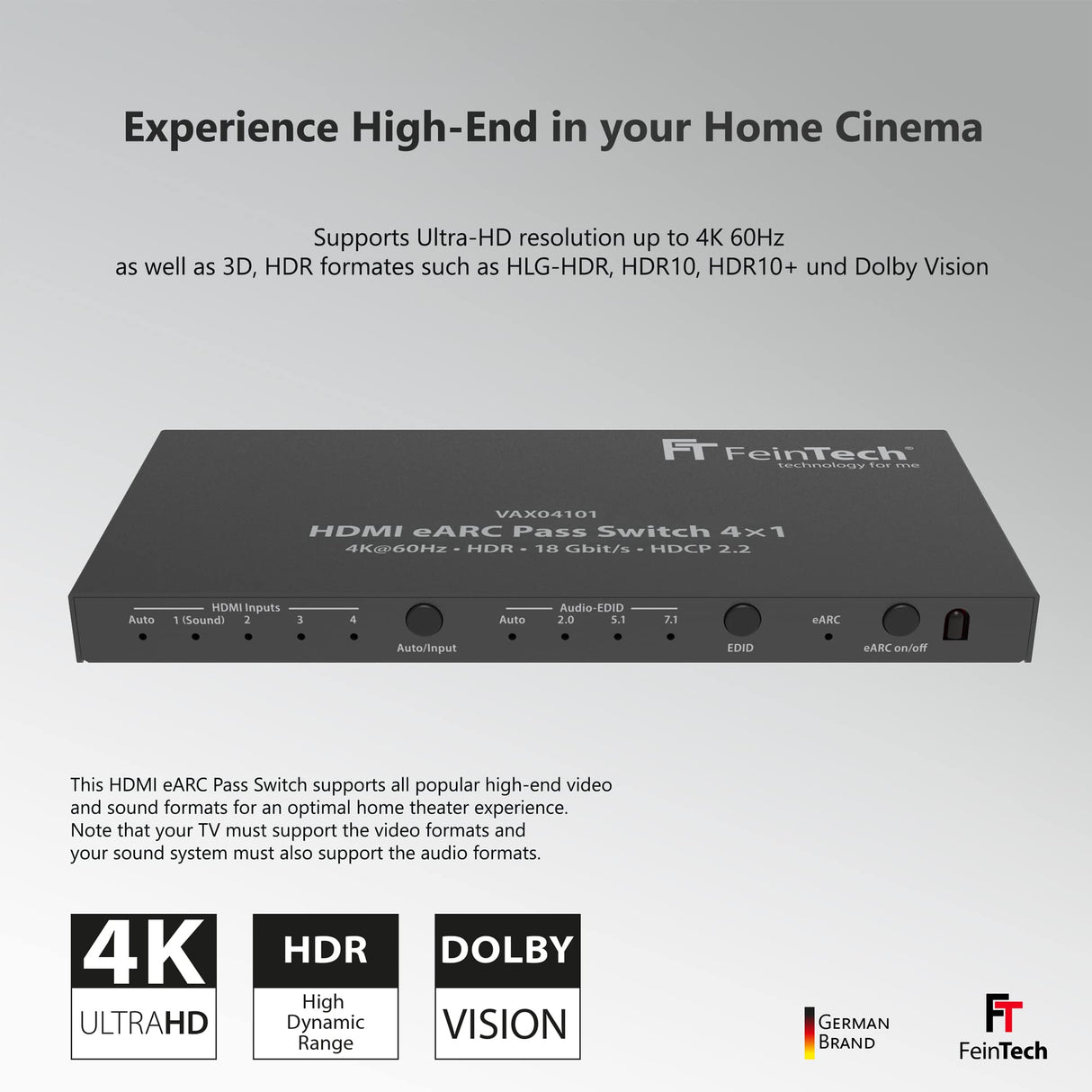 FeinTech VAX04101 HDMI eARC Pass Switch 4x1 para Barra de Sonido y videoproyector o televiso 4K Dolby Atmos