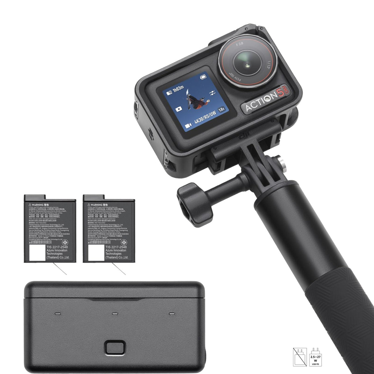 DJI Pack Aventura Osmo Action 5 Pro, cámara de acción 4K con Sensor 1/1.3", batería Aumentada a 12 h con 3 baterías, estabilización, 2 Pantallas táctiles OLED, cámara Mini para Viajes y Vlogs