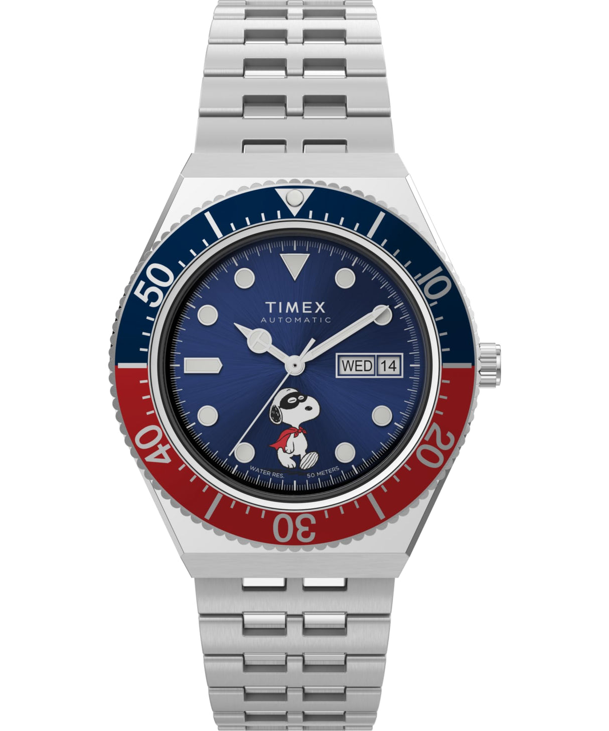 Timex Peanuts Automatic - Reloj de 40 mm para hombre, pulsera de acero inoxidable, esfera azul, caja de acero inoxidable TW2W47500