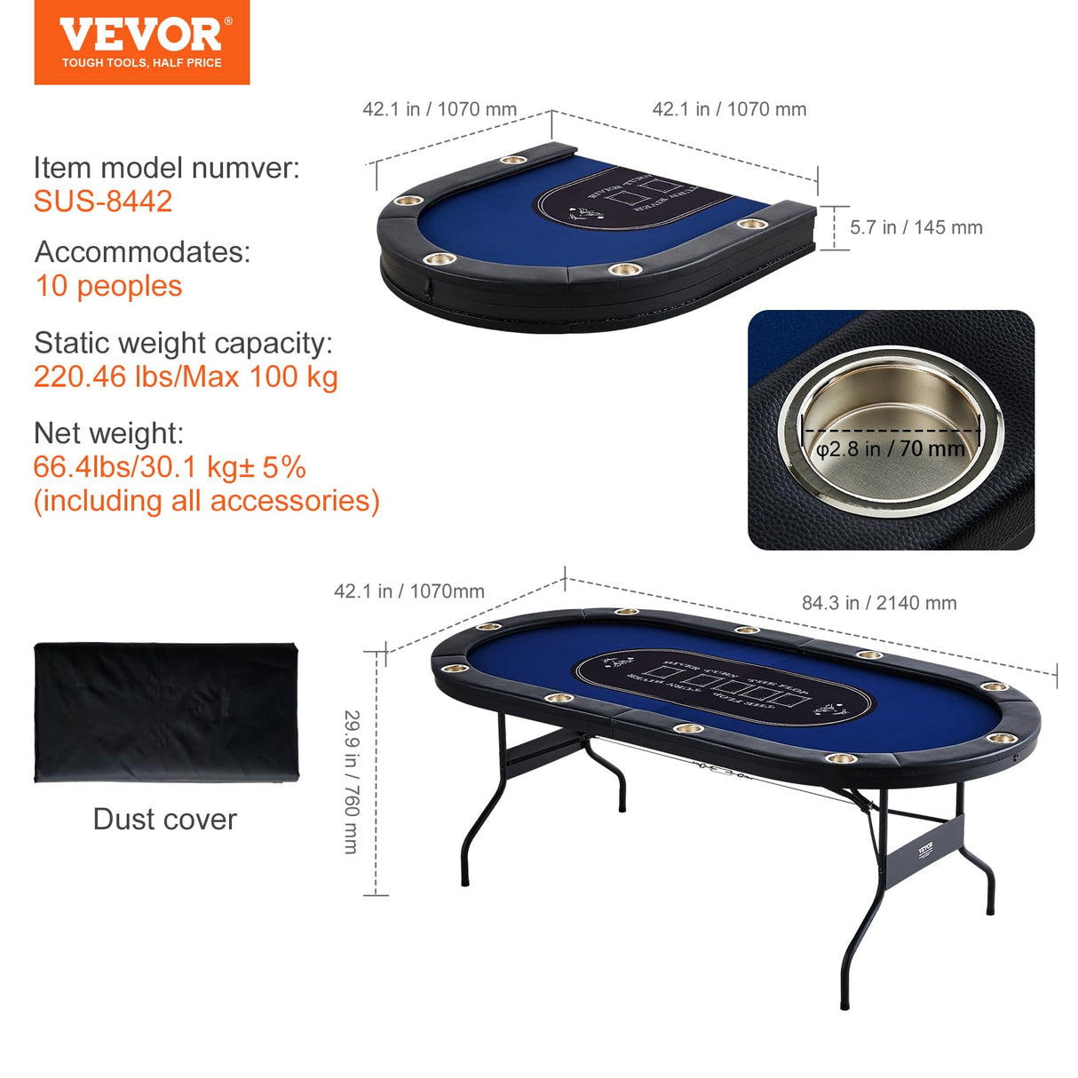 VEVOR Mesa de póquer Plegable de 214 cm para 10 Jugadores Mesa de Casino Texas Holdem Blackjack con rieles Acolchados y portavasos de acero Inoxidable Mesa de Juego de Cartas Juego de Mesa para hogar