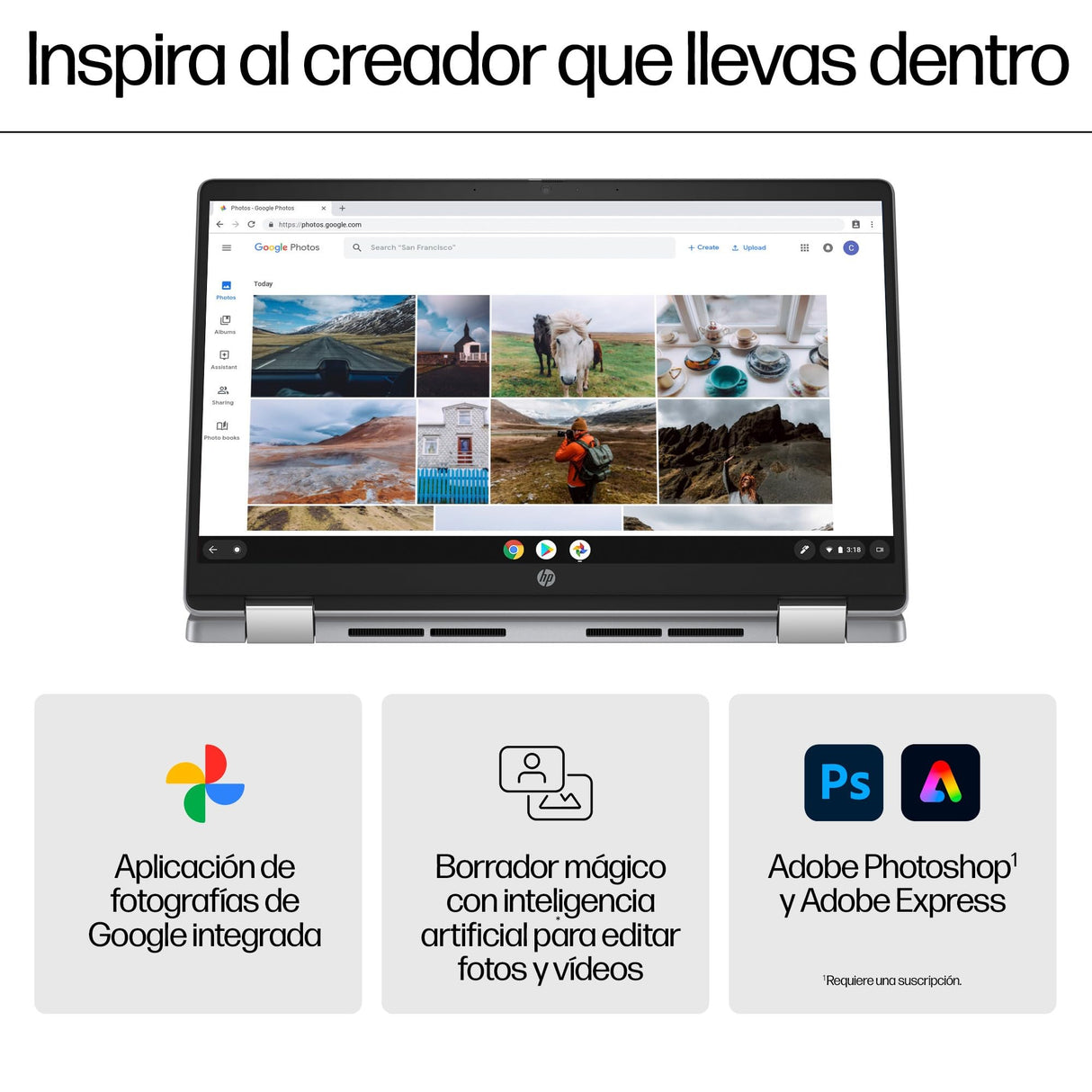 HP Chromebook Plus x360 14b-cd0004ns - Ordenador portátil con la IA de Google 14" FHD (Intel Core i3-N305, 8GB RAM, 256GB Flash, Intel UHD, ChromeOS, Cámara FHD) Silver - Teclado QWERTY Español