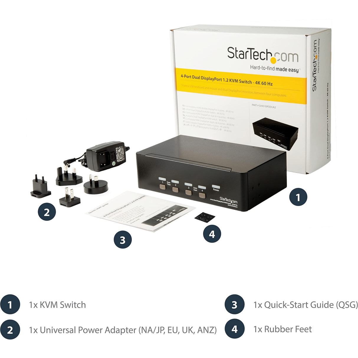 StarTech.com Switch Conmutador KVM de 4 Puertos Dobles DisplayPort de 4K 60Hz - KVM de 4 Puertos Duales DP